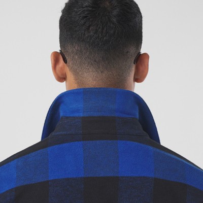 Letter Graphic Gingham Cotton Flannel Zip-front Shirt in Oceanic 