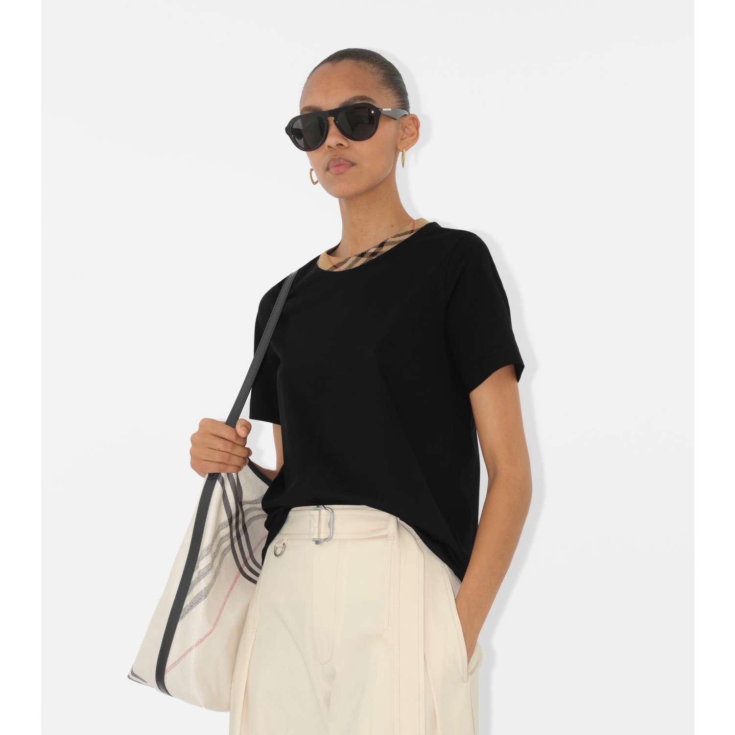 Check Trim Cotton T-shirt in Black - Women | Burberry® Official