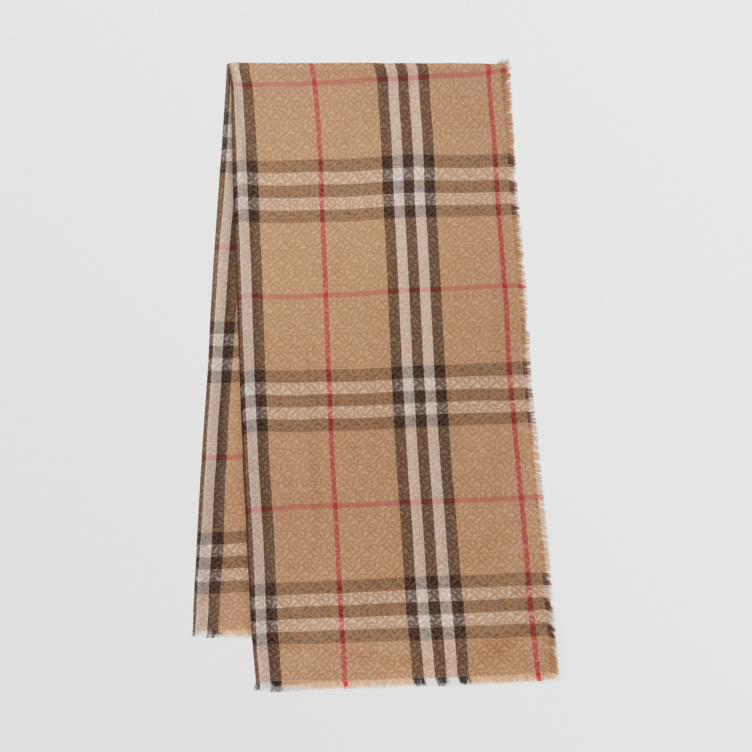 Lightweight Monogram and Check Wool Silk Scarf in Archive Beige | Burberry® Official - 1