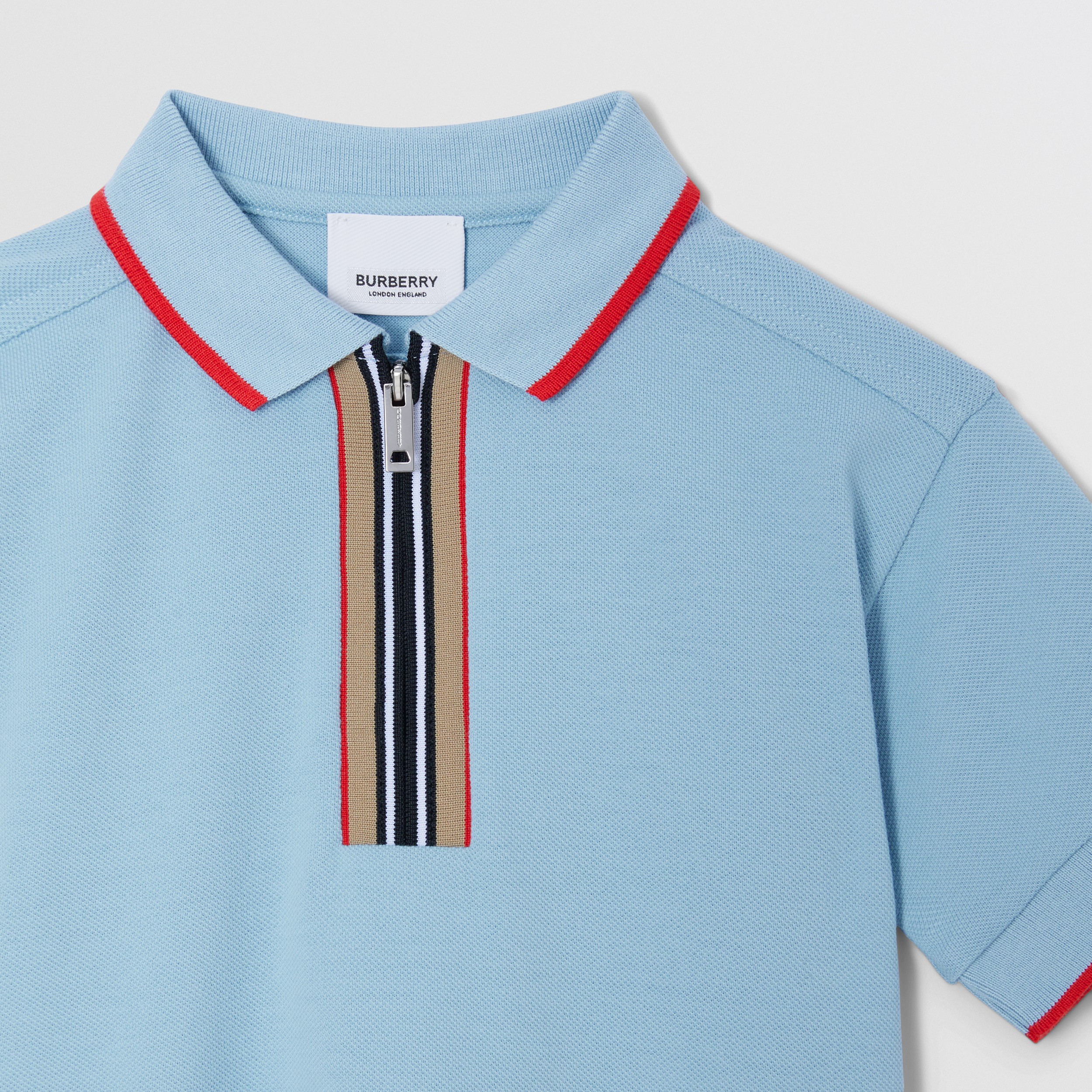 Icon Stripe Detail Cotton Zip-front Polo Shirt in Powdered Blue - Boy | Burberry® Official - 3