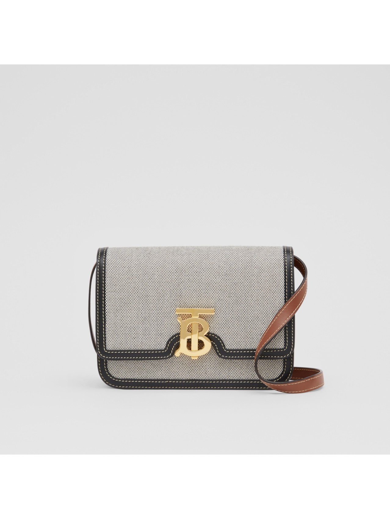 tb 小号专属标识三色帆布拼皮革锁扣包 in 黑色 / 棕褐色