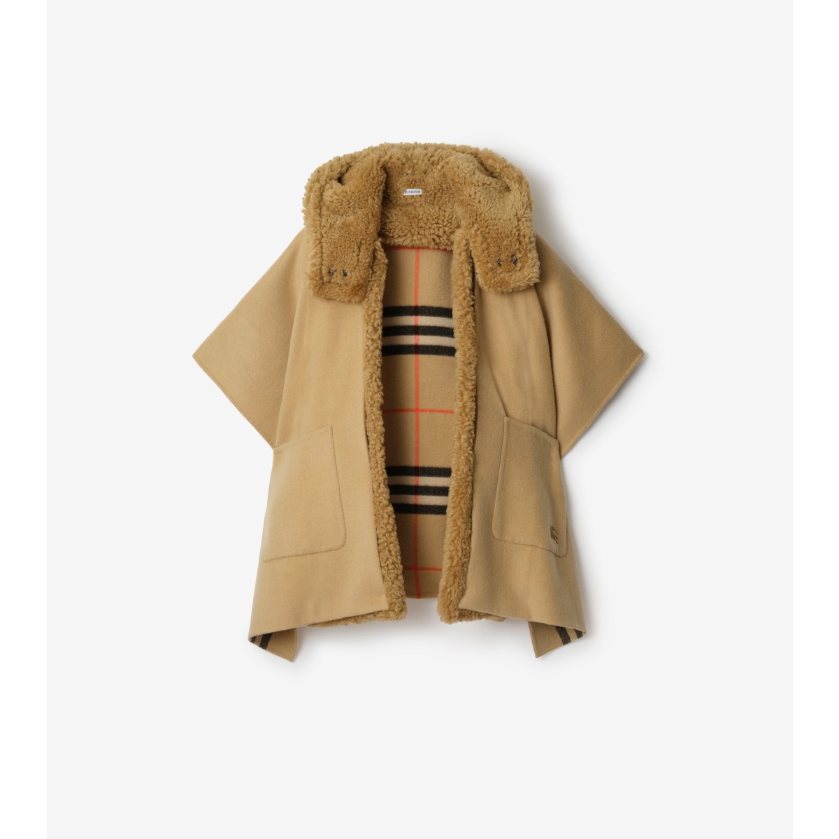  Check Reversible Shearling Trim Cashmere Cape