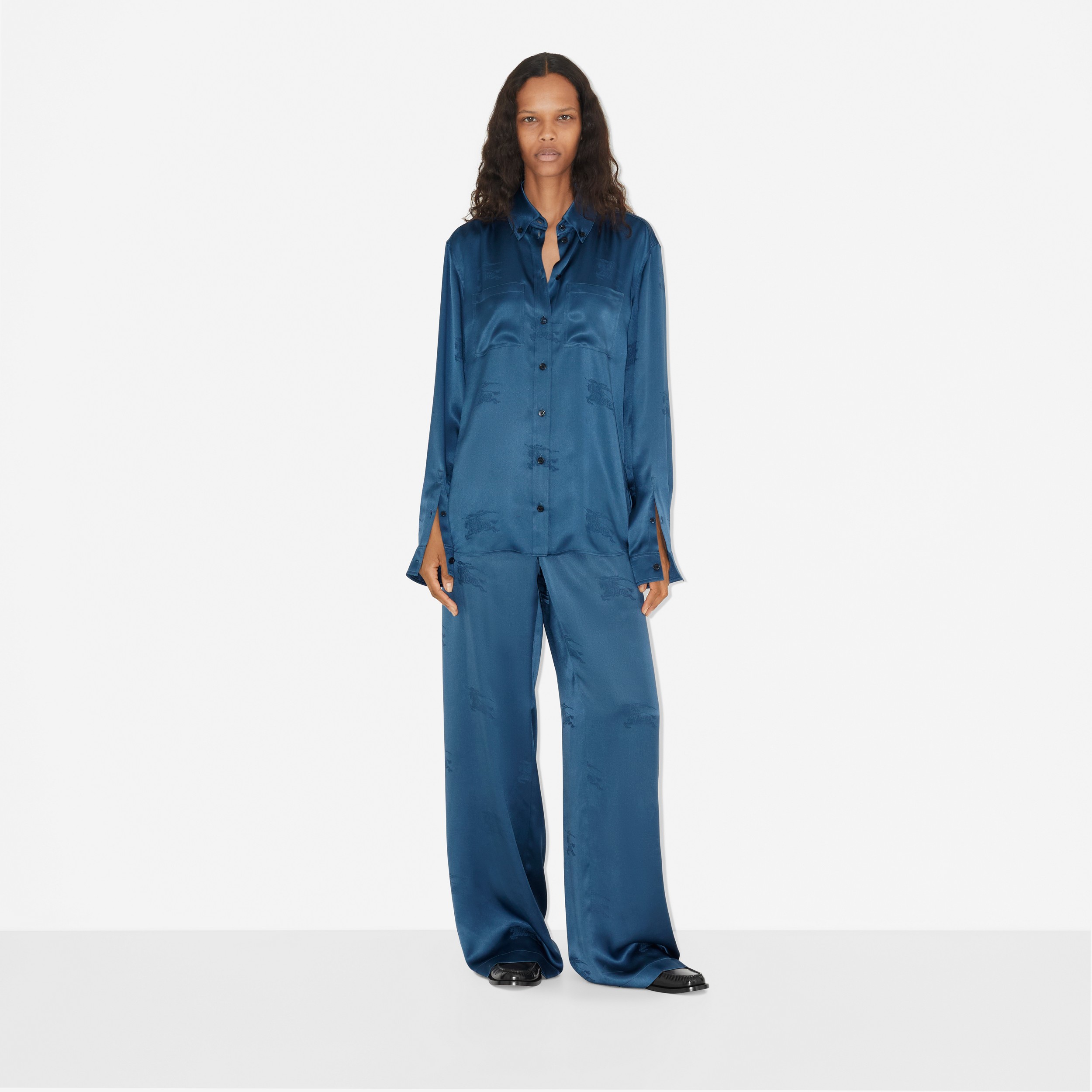 Calças estilo pantalona de seda com estampa Equestrian Knight em jacquard (Azul Marinho Suave) - Mulheres | Burberry® oficial - 2
