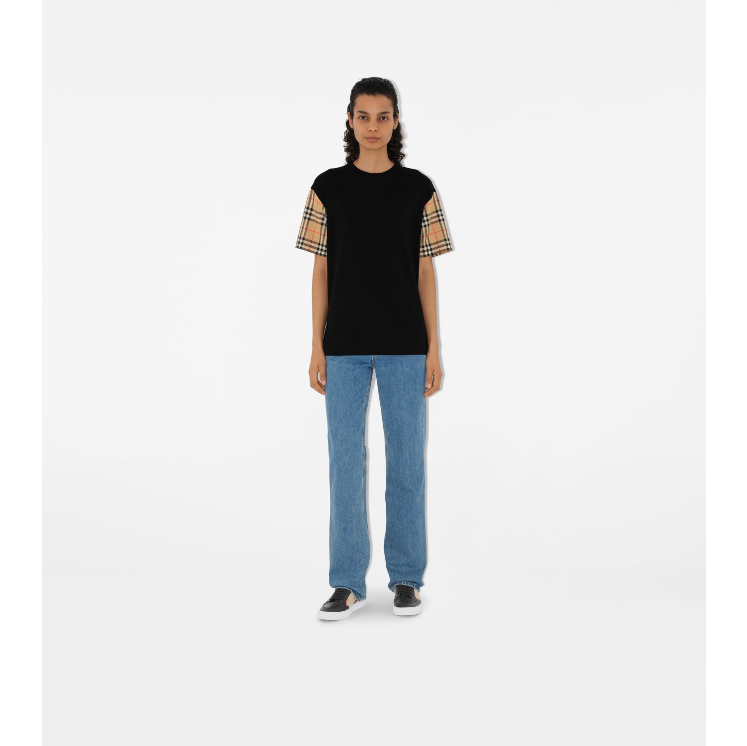 Check Sleeve Cotton T shirt in Black Women Burberry Official