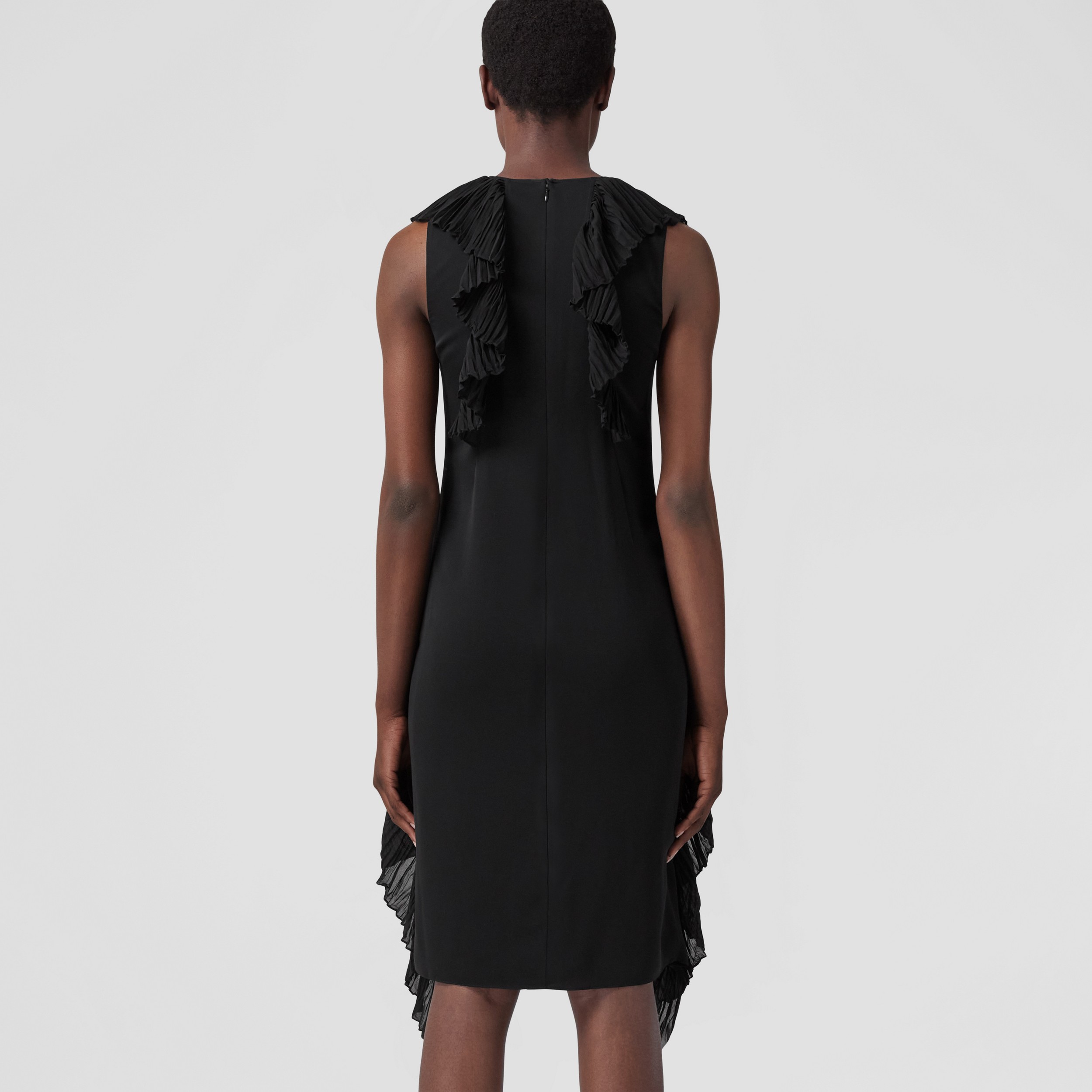 Pleated Ruffle Detail Silk Georgette Dress in Black - Women | Burberry® Official - 3