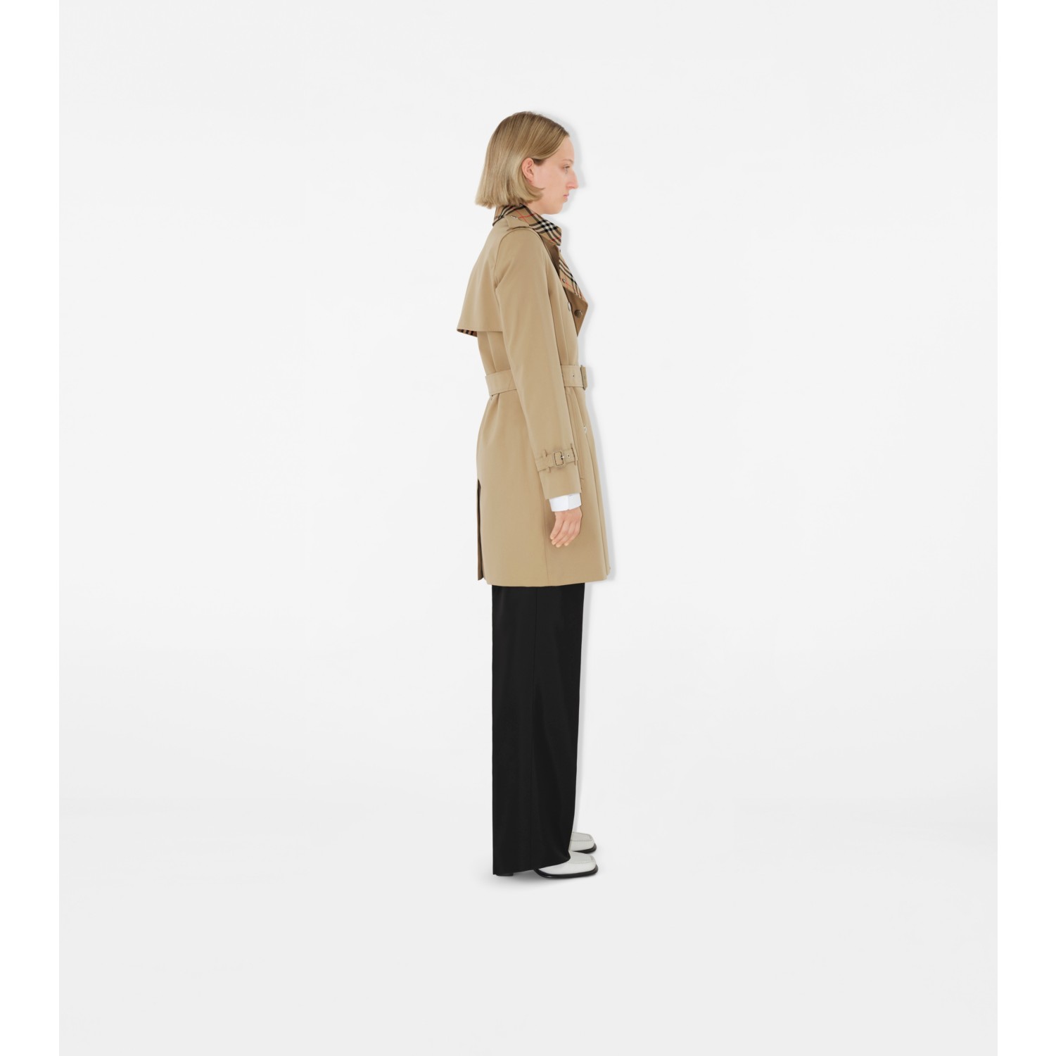 Short Check Collar Gabardine Trench Coat