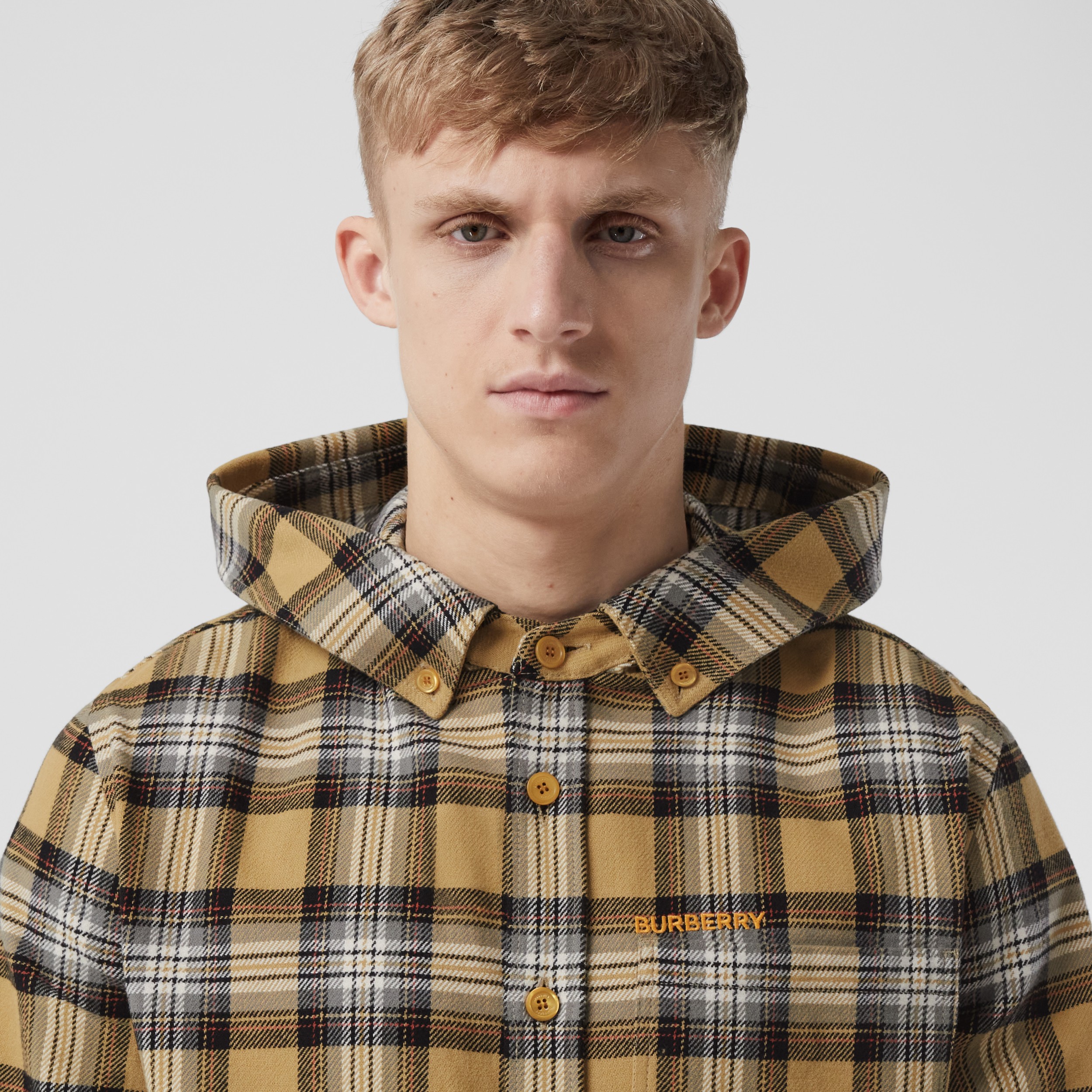 Check Cotton Flannel Hooded Shirt in Beige - Men | Burberry® Official