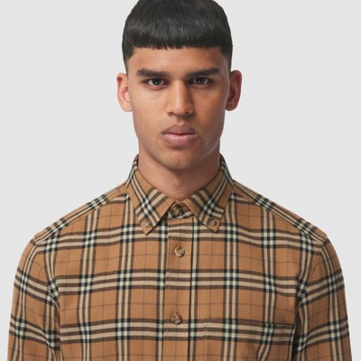 Button-down Check Cotton Flannel Shirt in Tobacco - Men | Burberry® Official