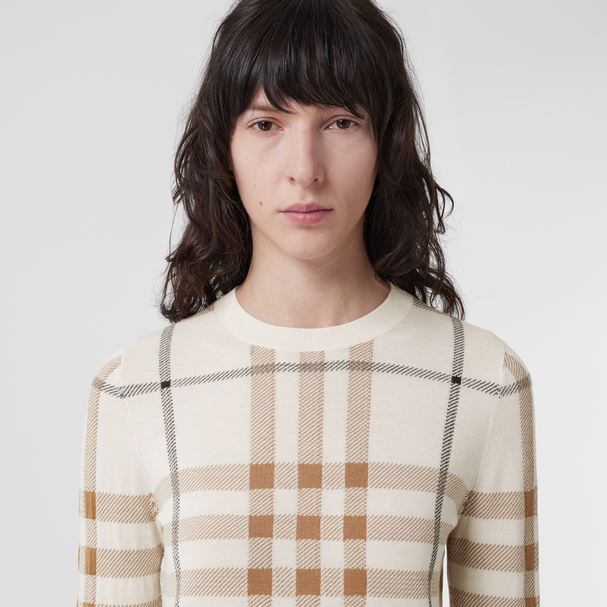 Check Intarsia Wool Silk Blend Sweater in Soft Sand - Women | Burberry® Official - 2