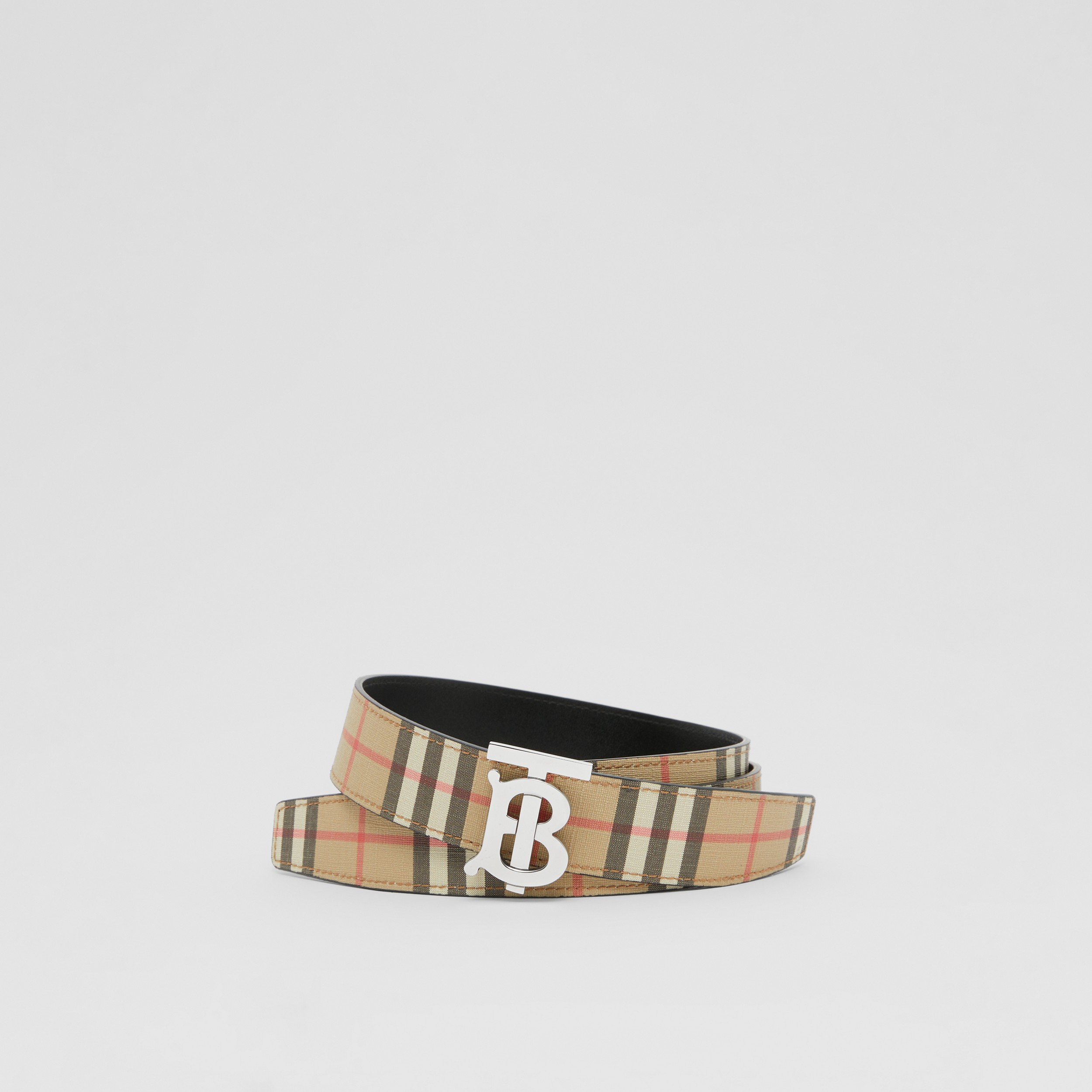 Check and Leather Reversible TB Belt in Archive Beige - Men | Burberry® Official - 1