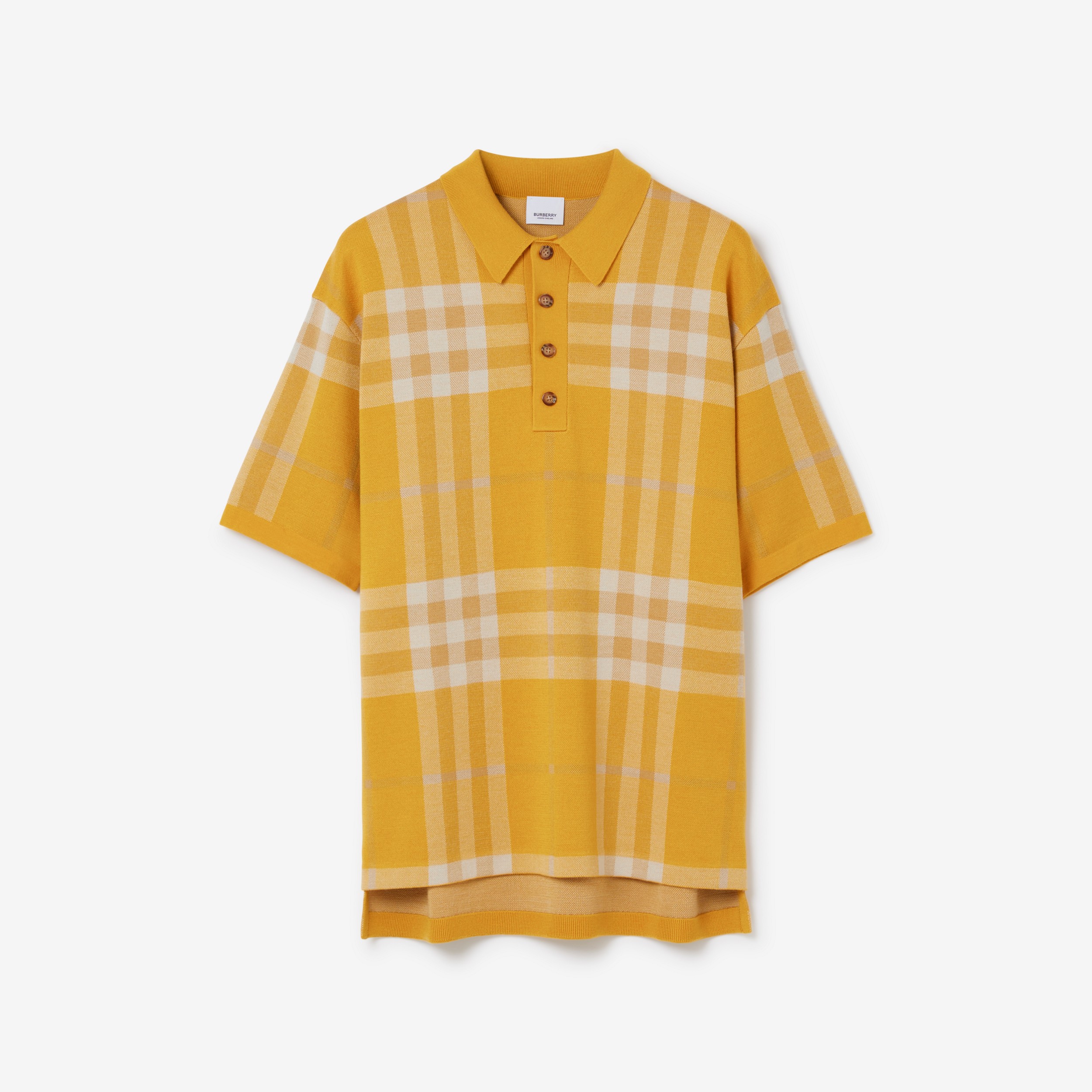 Camisa polo de lã e seda com estampa xadrez em jacquard (Calêndula) - Homens | Burberry® oficial - 1