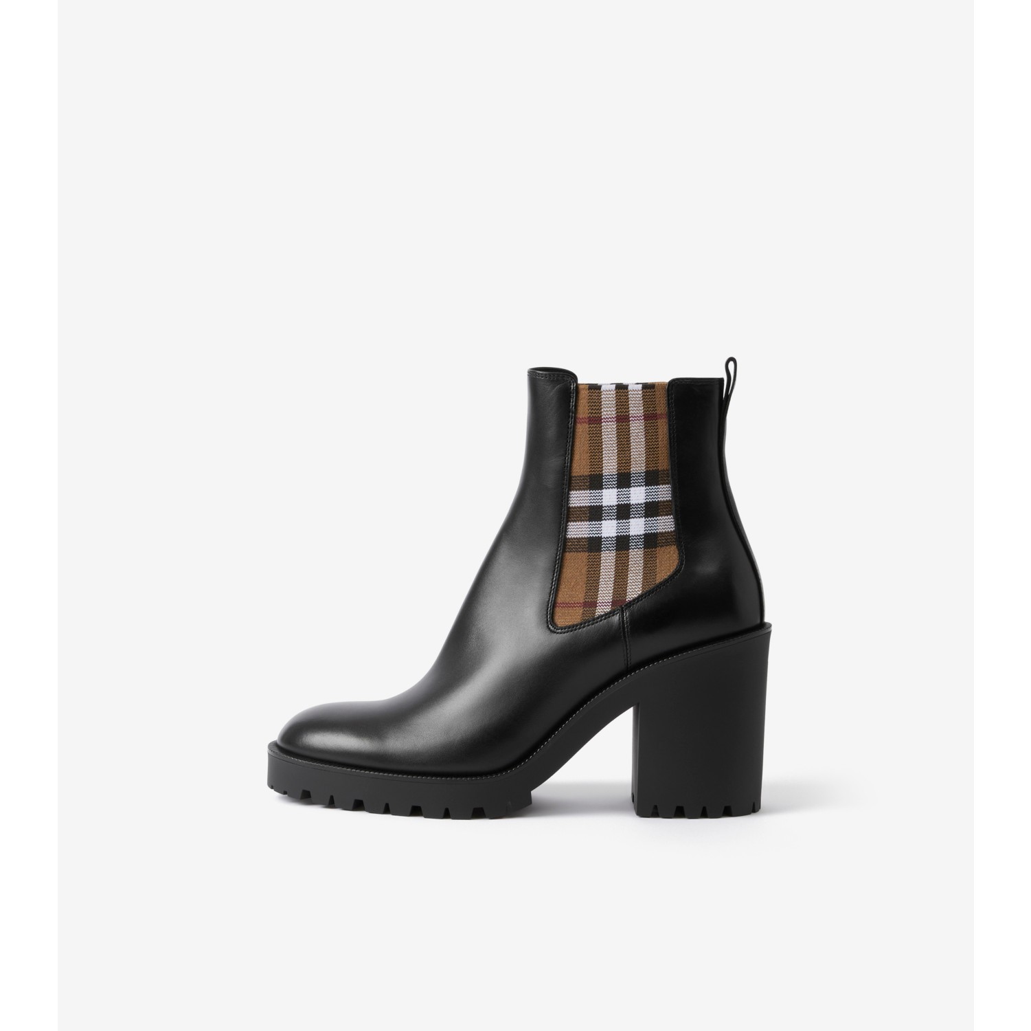 Check Panel Leather Ankle Boots in Black - Women | Burberry® Official