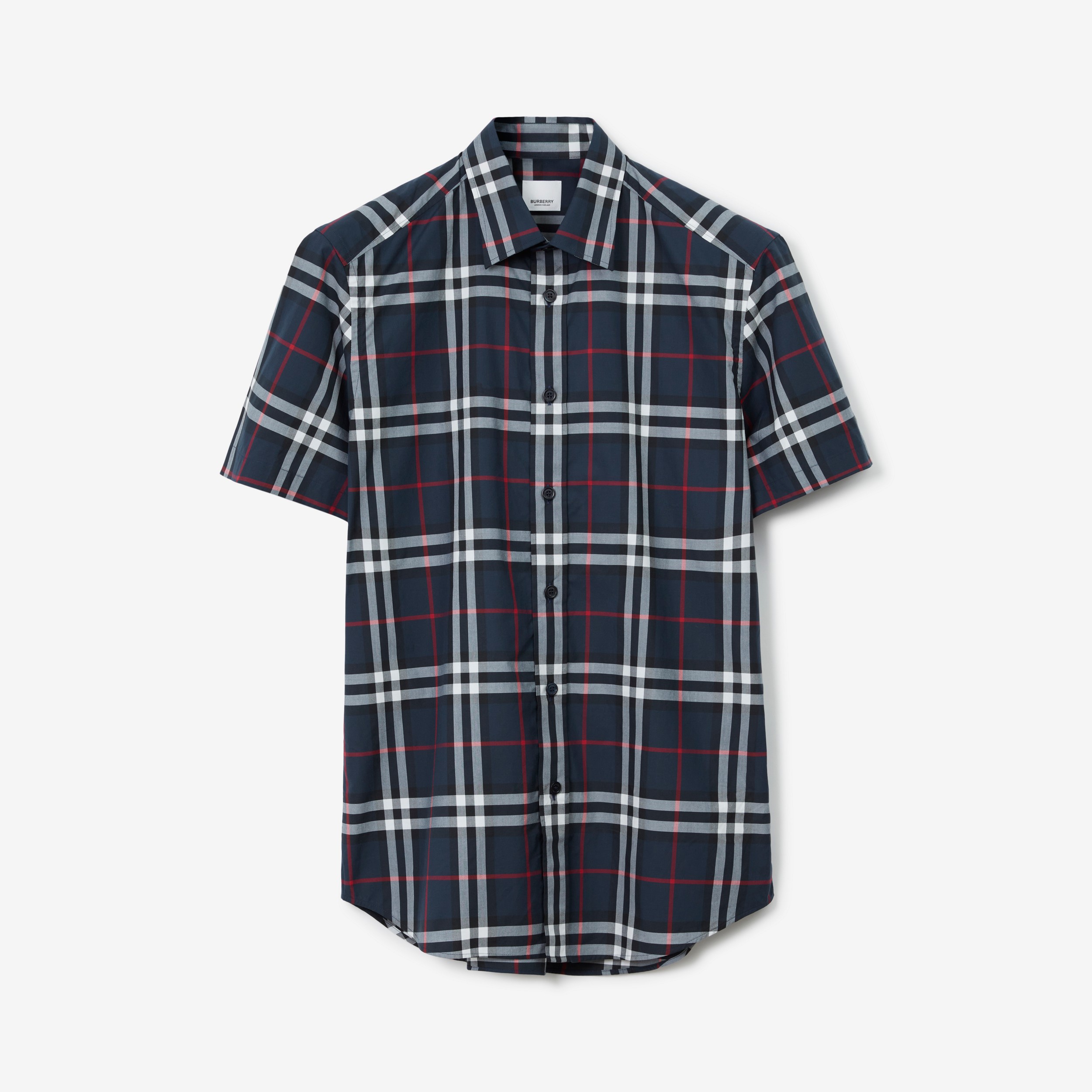Camisa de popeline de algodão com estampa xadrez e mangas curtas (Azul-marinho) - Homens | Burberry® oficial - 1