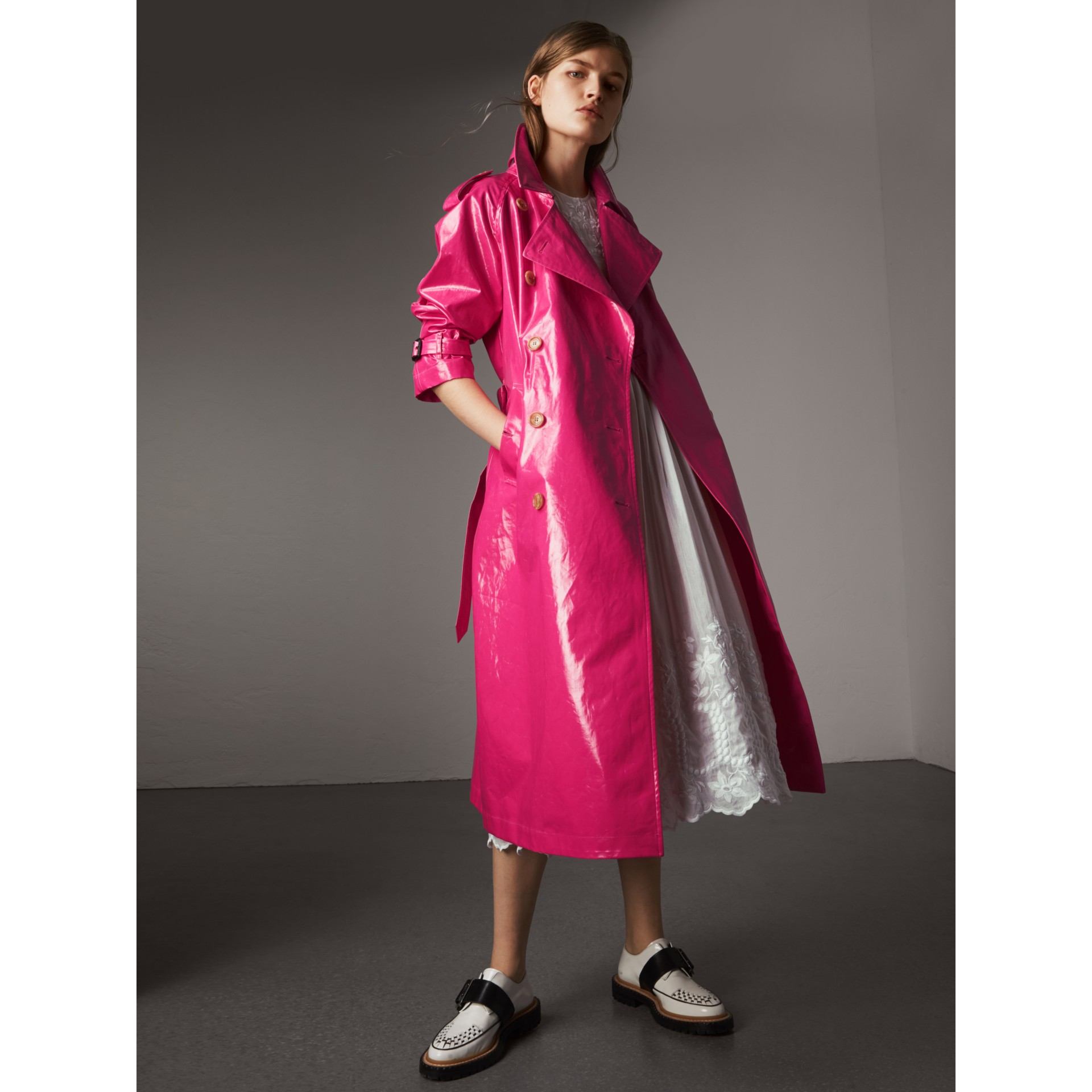 Laminated Cotton Trench Coat in Neon Pink Women Burberry United States