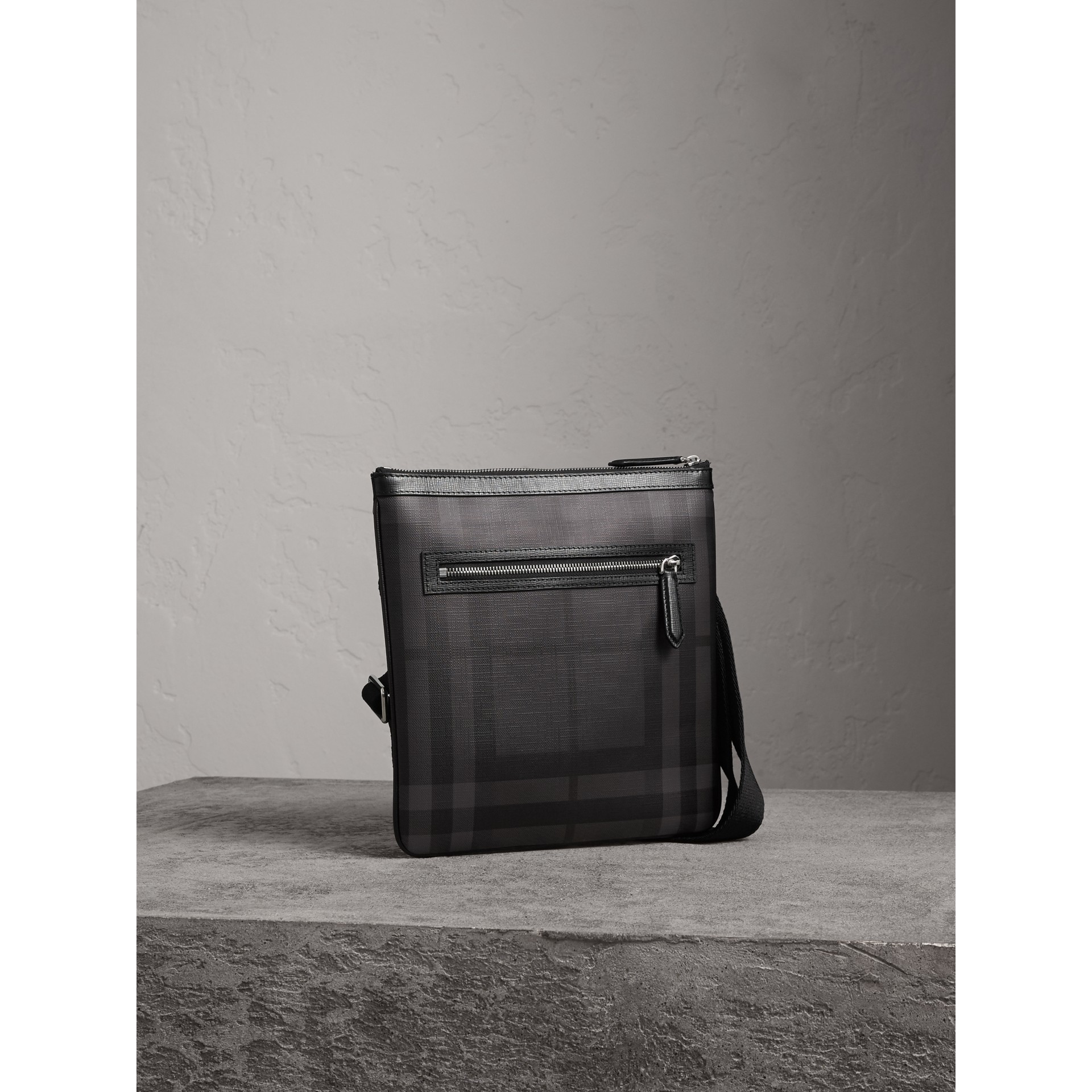 Leather Trim London Check Crossbody Bag in Charcoal/black - Men | Burberry United Kingdom
