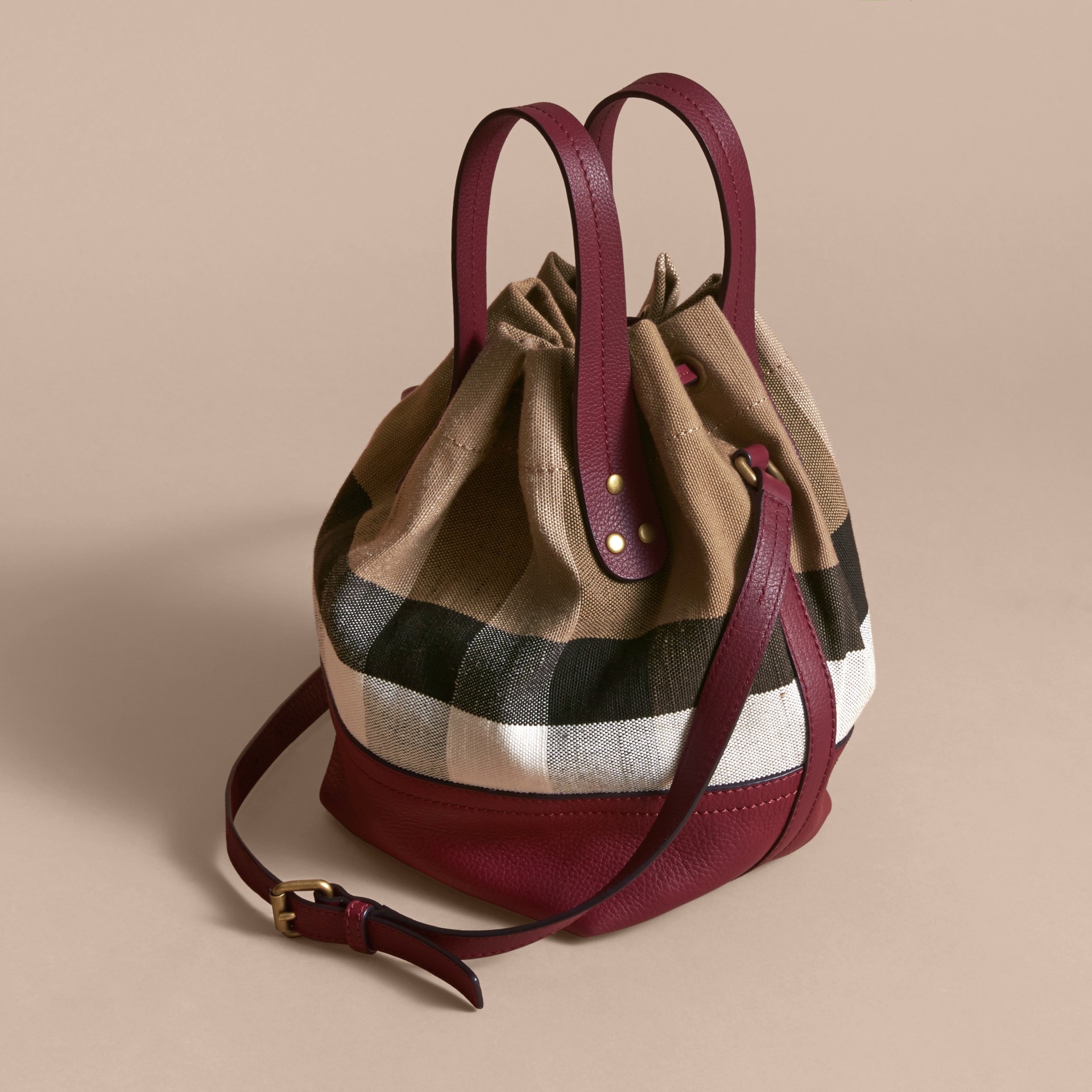 Small Canvas Check and Leather Bucket Bag in Burgundy Red - Women | Burberry
