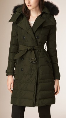 Olive Down-Filled Coat with Fur Trim - Image 1