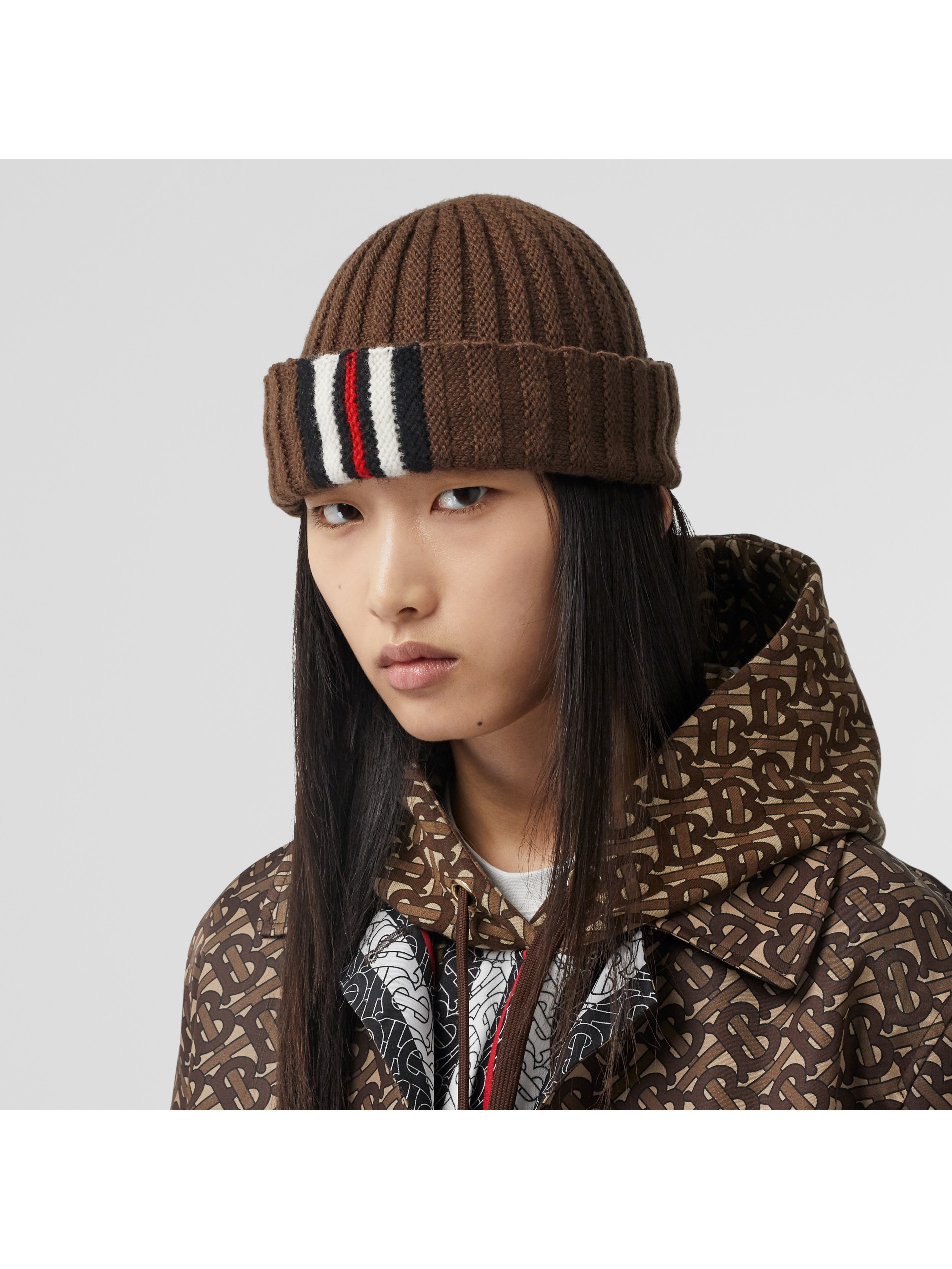 条纹装饰罗纹针织羊毛帽 产品图片21