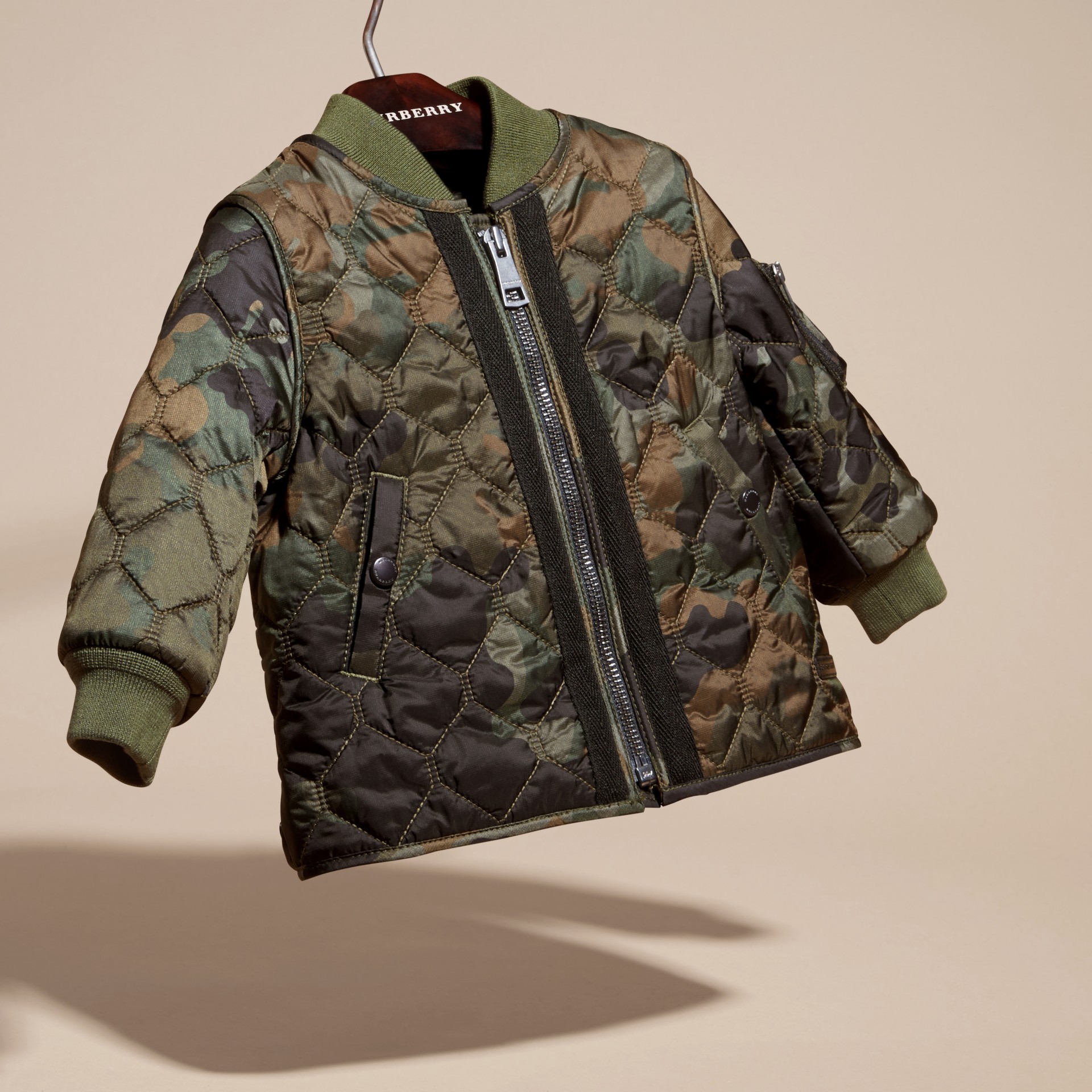 Camouflage Quilted Nylon Bomber Jacket in Dark Cedar Green Burberry