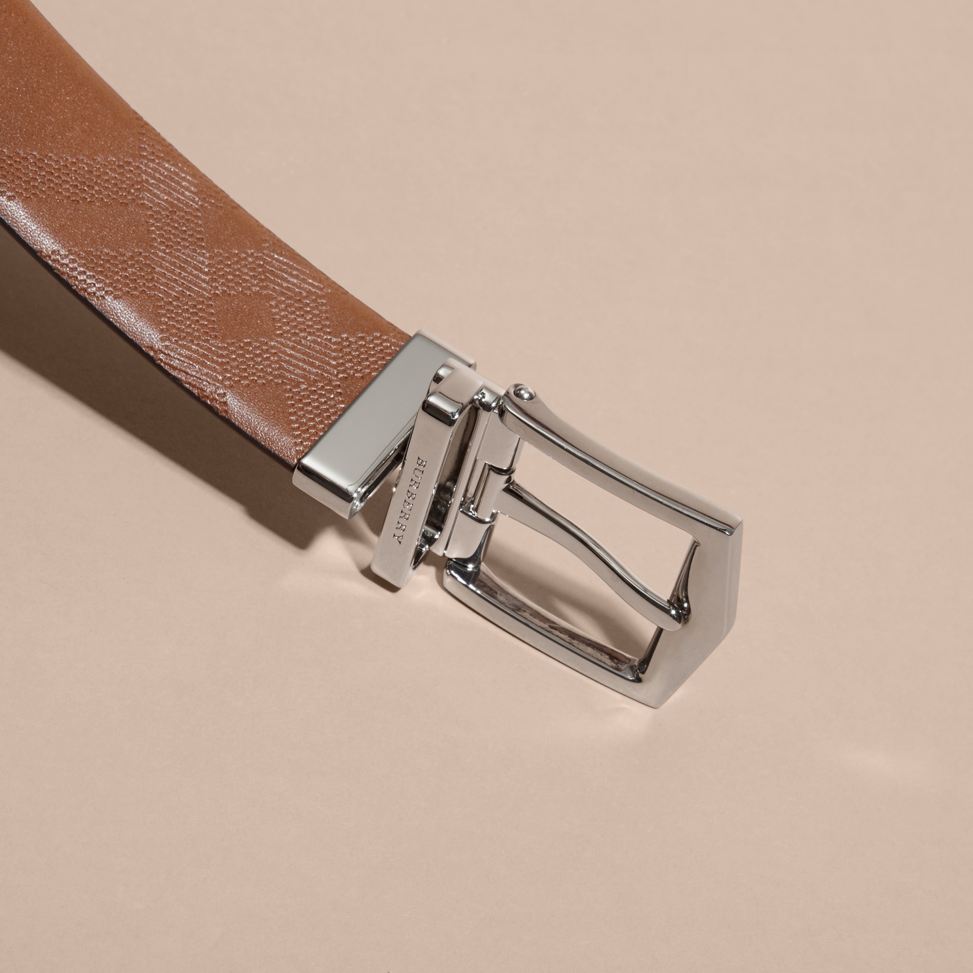 Reversible Embossed Check Leather Belt Tan Burberry
