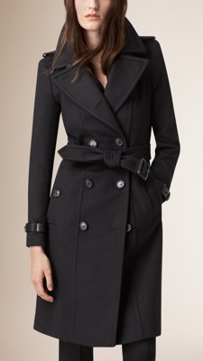 Black Leather Trim Wool Cashmere Trench Coat - Image 1