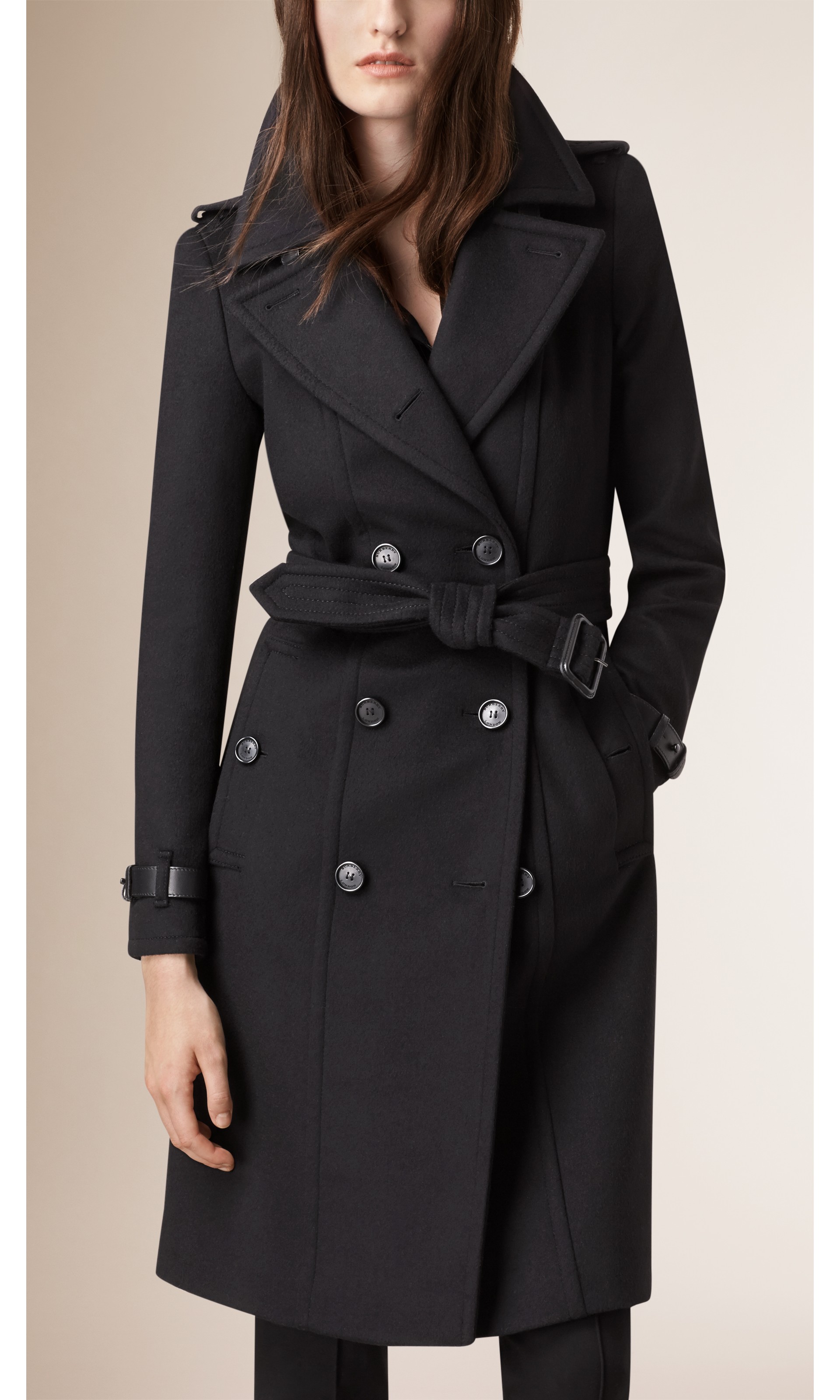 Leather Trim Wool Cashmere Trench Coat in Black - Women | Burberry ...