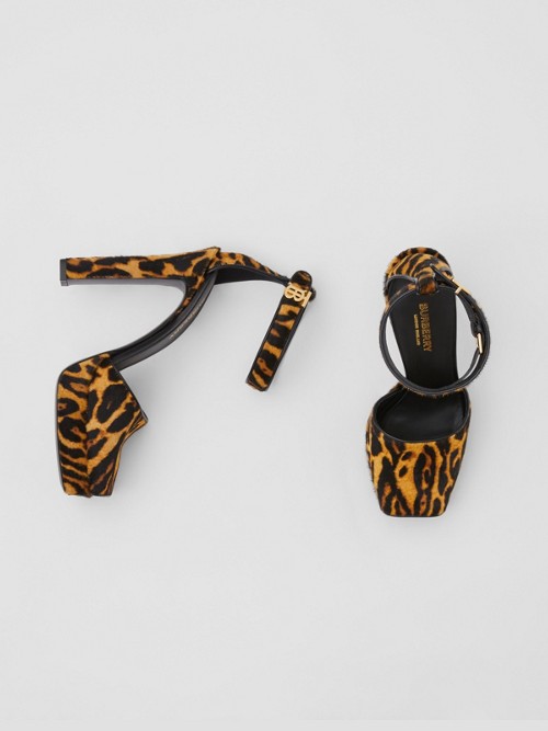 BURBERRY Leopard Print Calf Hair Peep-toe Sandals