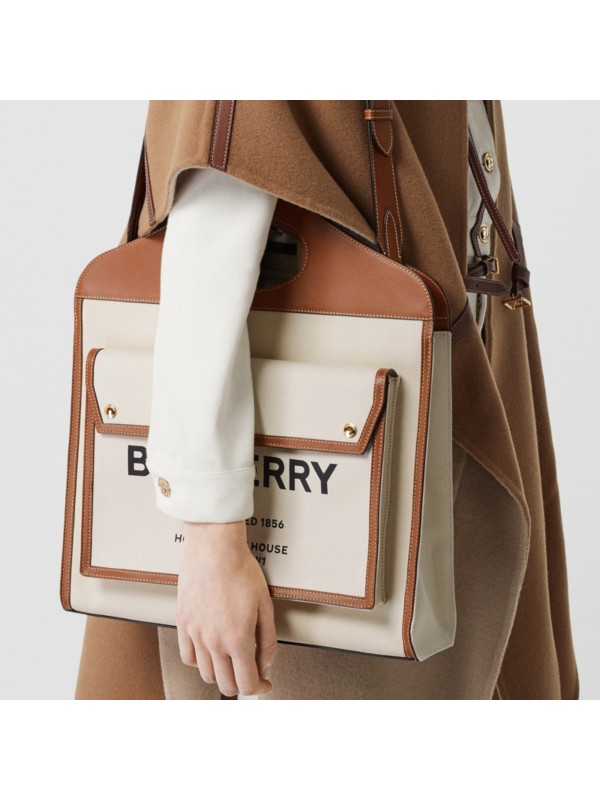 Medium Two-tone Canvas and Leather Pocket Bag in Natural/malt Brown ...