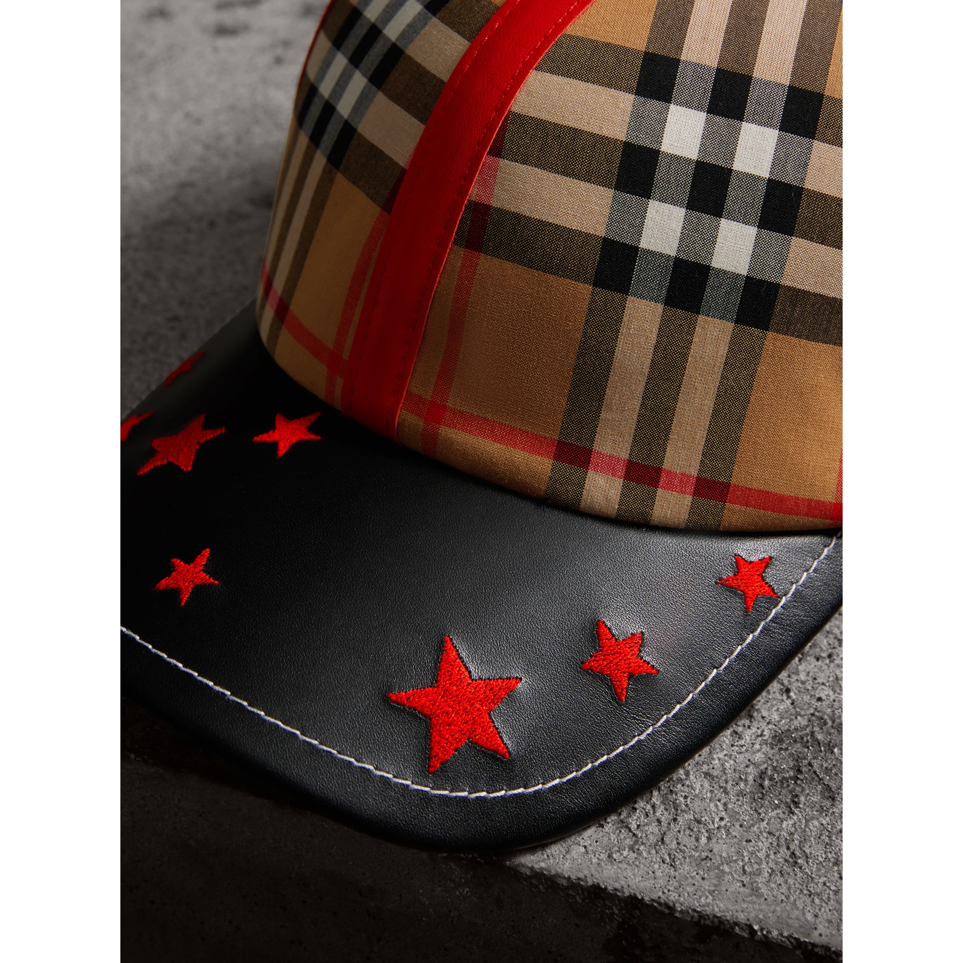 Burberry x Kris Wu Vintage Check and Leather Baseball Cap in Antique