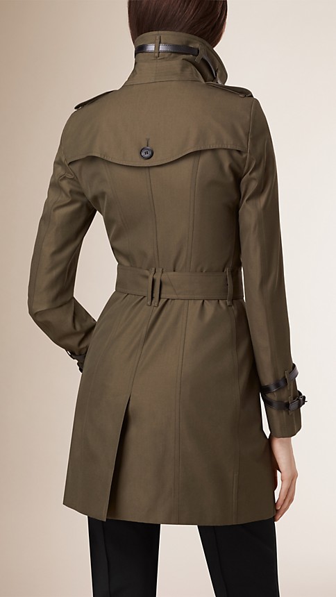 Dark khaki green Mid-Length Leather Detail Gabardine Trench Coat - Image 3