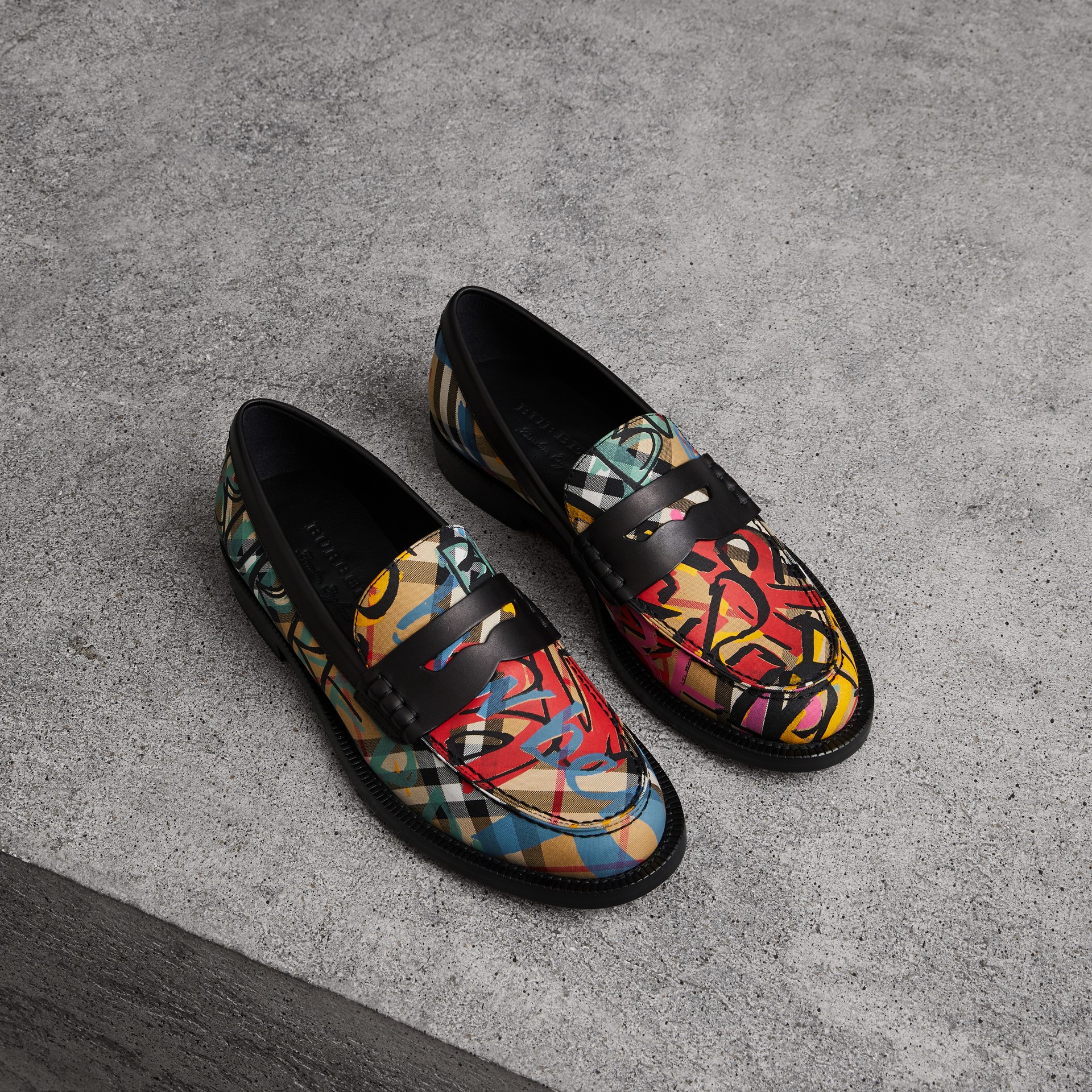 Graffiti Vintage Check Cotton Penny Loafers in Antique Graffiti Vintage Check Cotton Penny Loafers in Antique