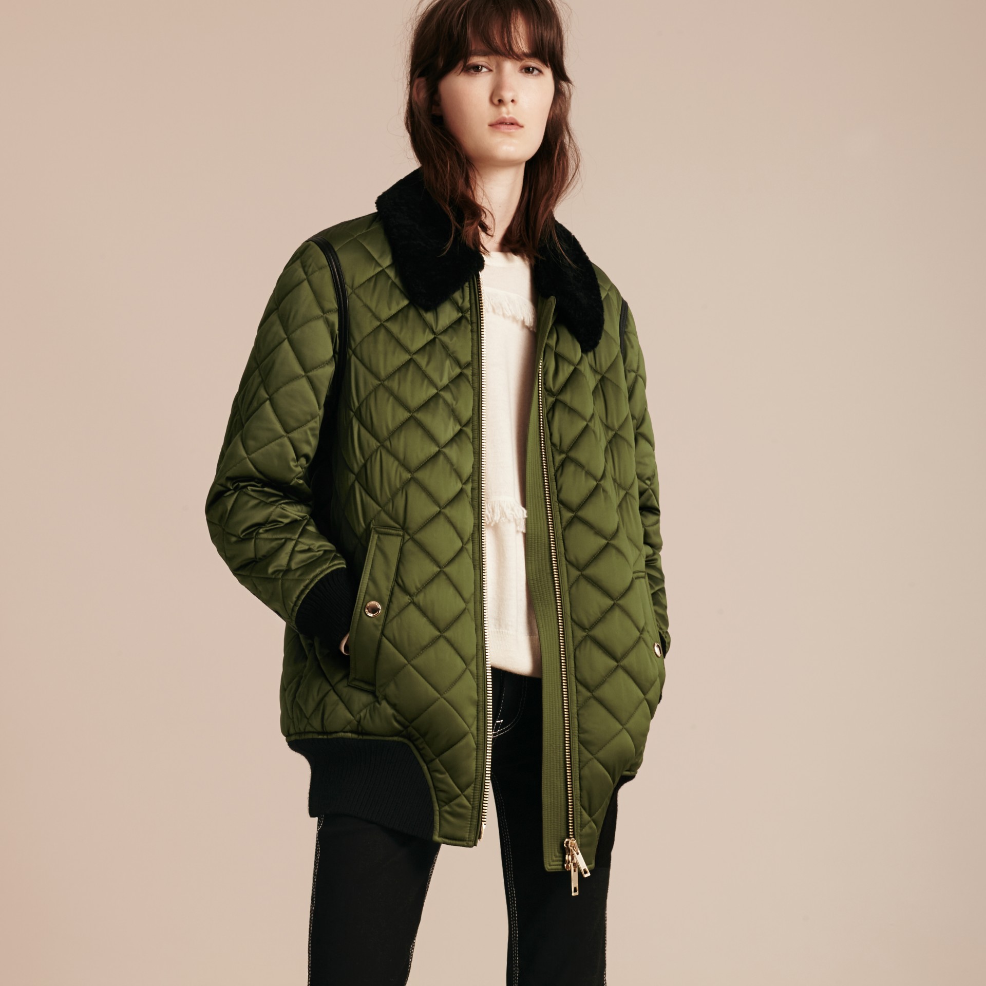 Long Quilted Bomber Jacket with Shearling Collar in Bright Moss Green