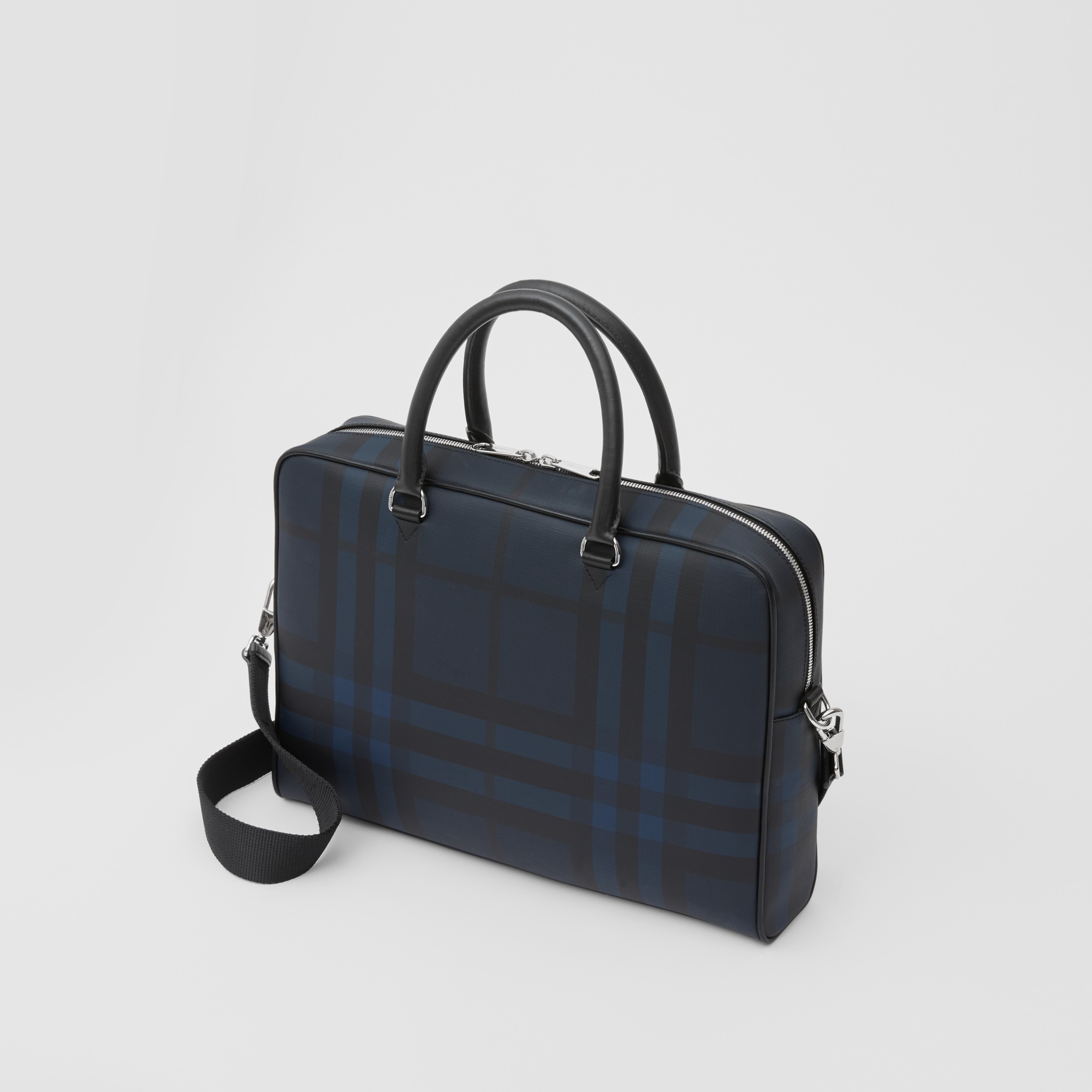 London Check and Leather Briefcase in Navy Men Burberry® Official