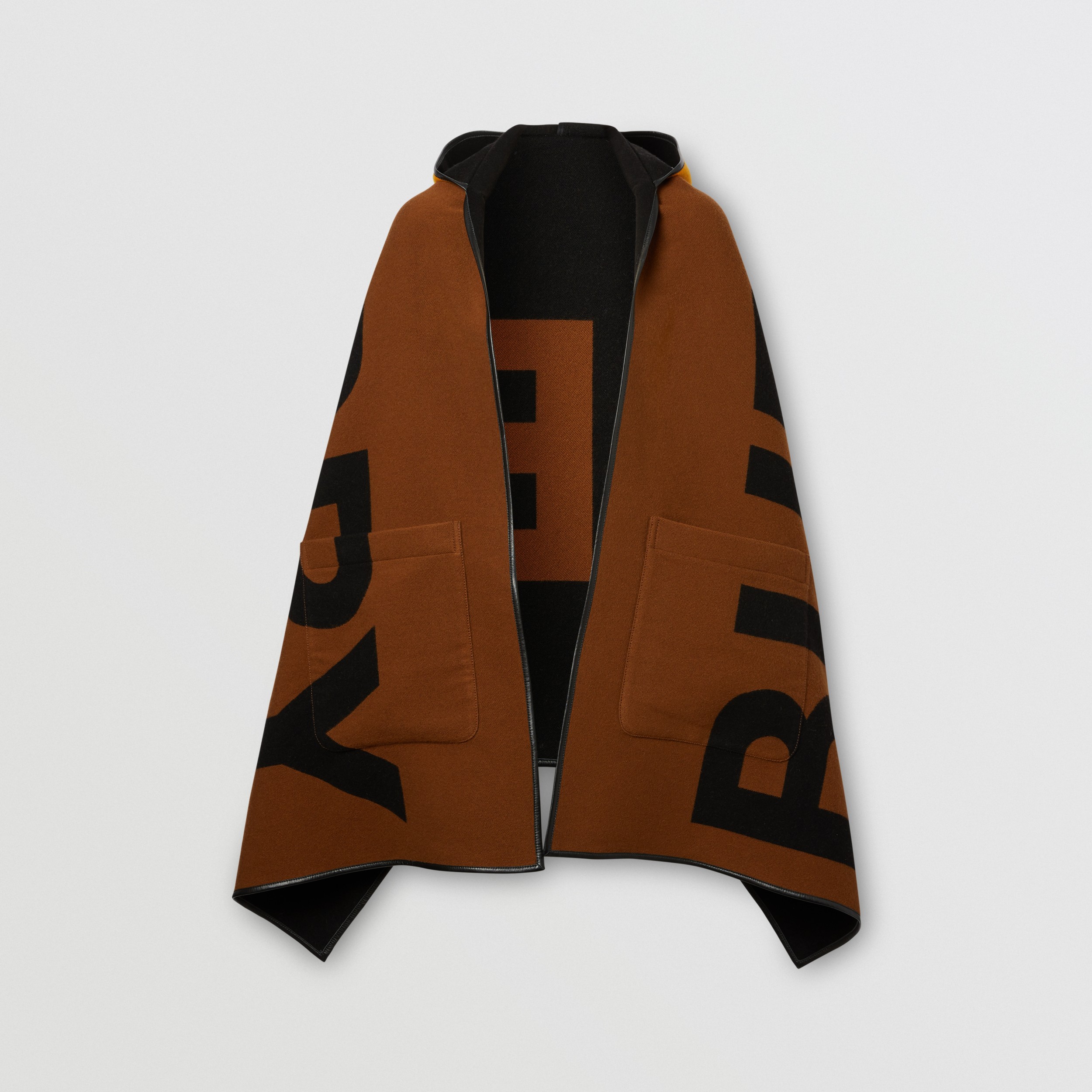 Logo Wool Cotton Jacquard Hooded Cape in Dark Chestnut Brown Burberry