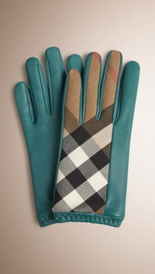 Dusty teal blue Leather and House Check Gloves - Image 1