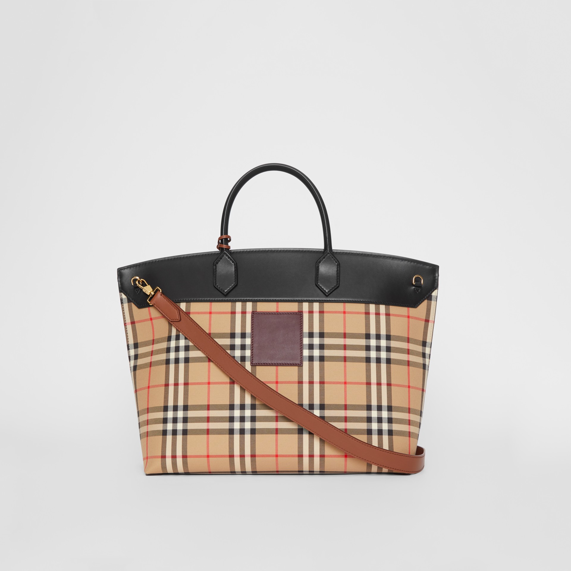 Vintage Check and Leather Society Top Handle Bag in Archive Beige - Women | Burberry Australia