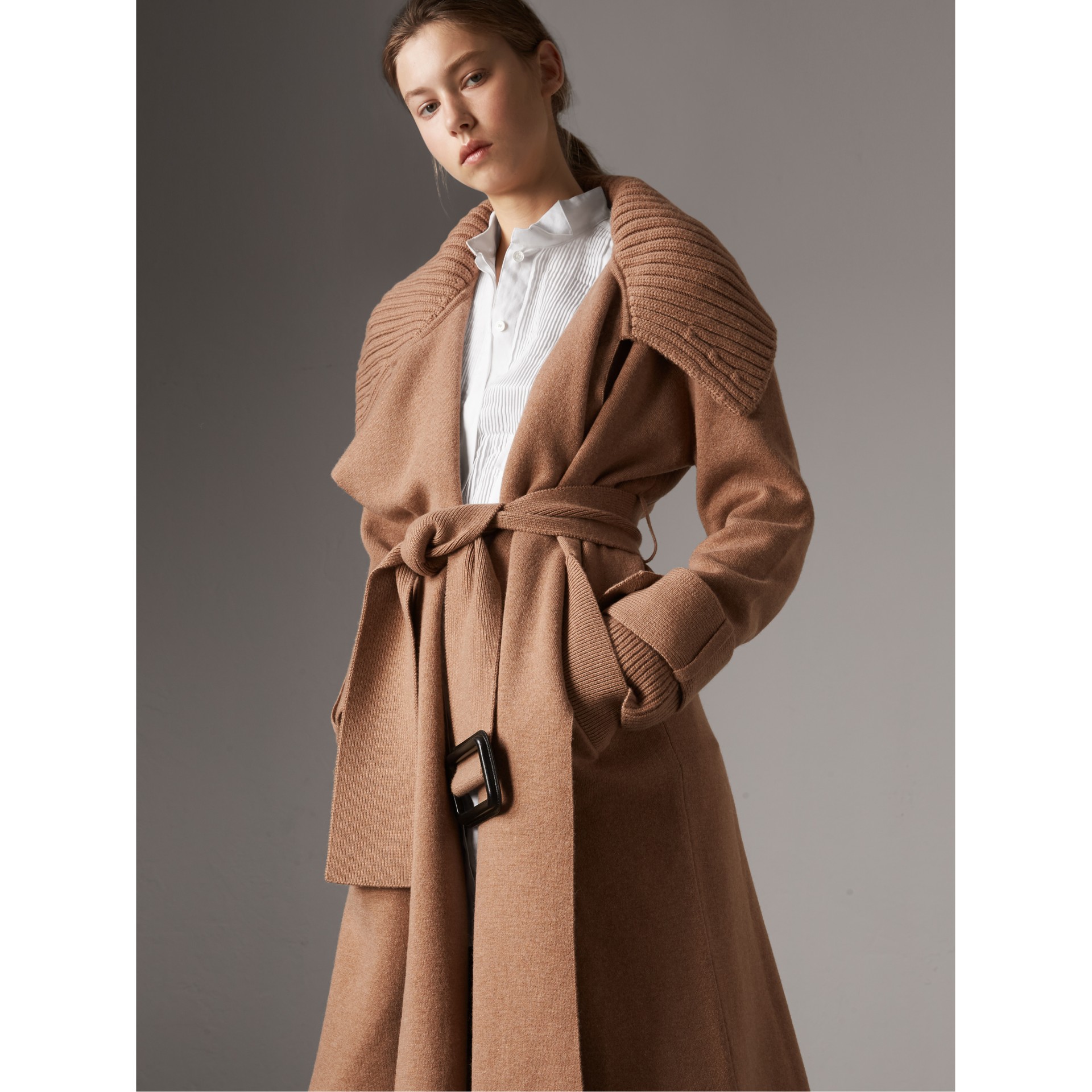 Knitted Wool Cashmere Wrap Coat in Camel - Women | Burberry United States