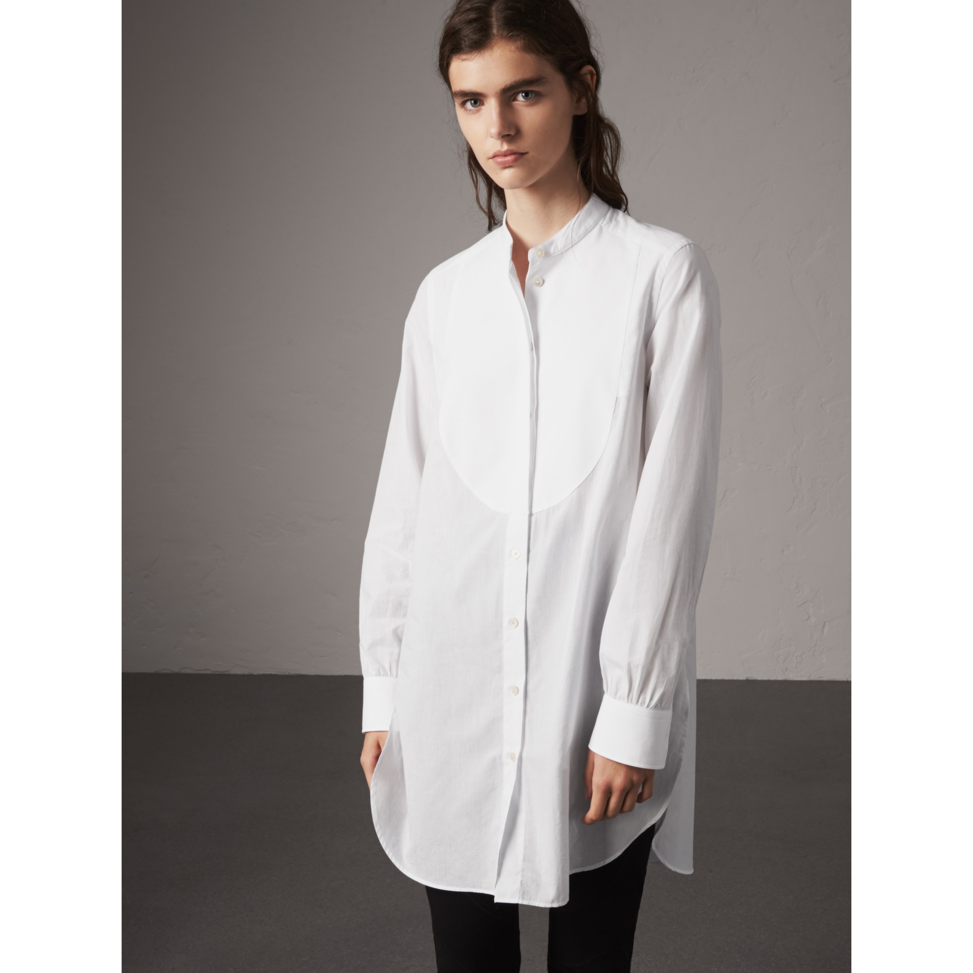Bib Detail Cotton Longline Tunic Shirt in White - Women | Burberry ...