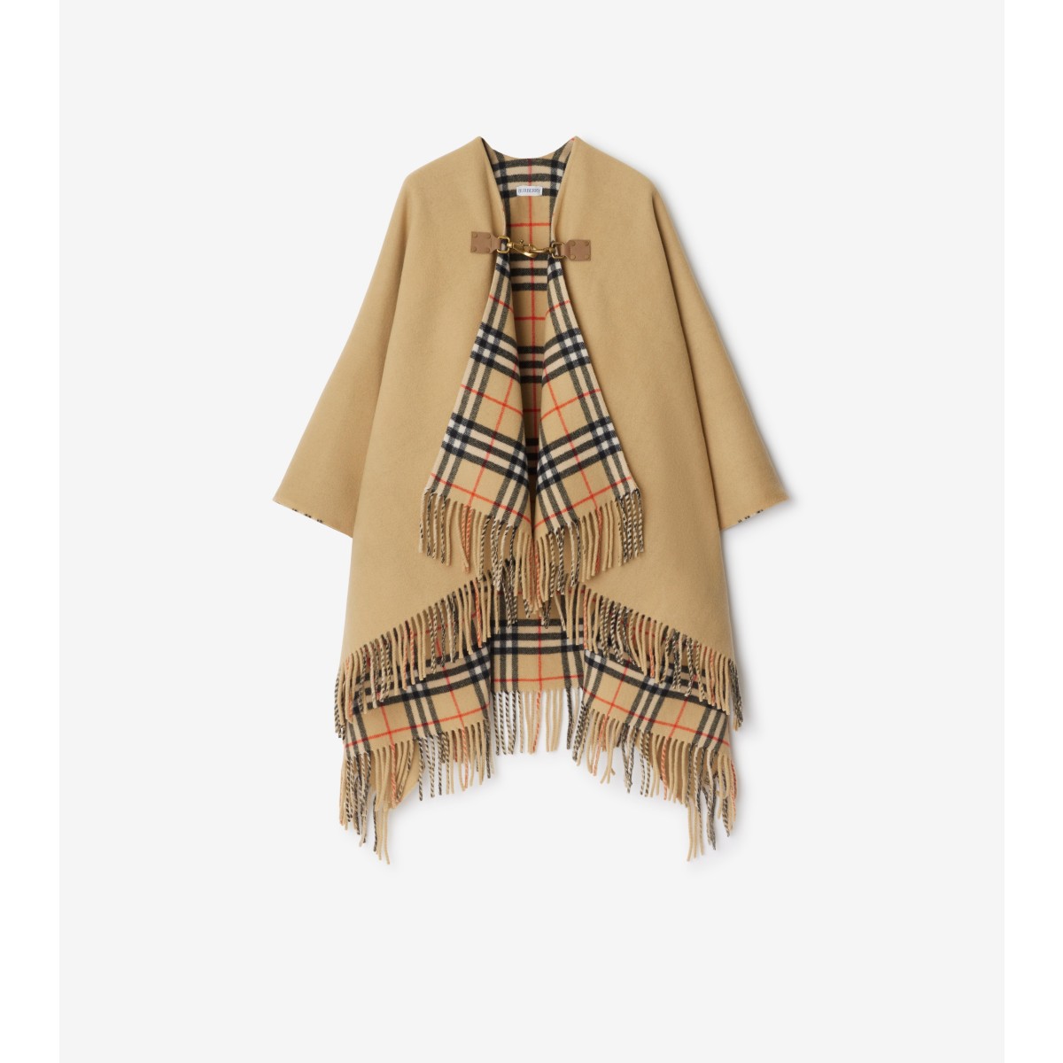 Shop Burberry Check Wool Cape In Sand