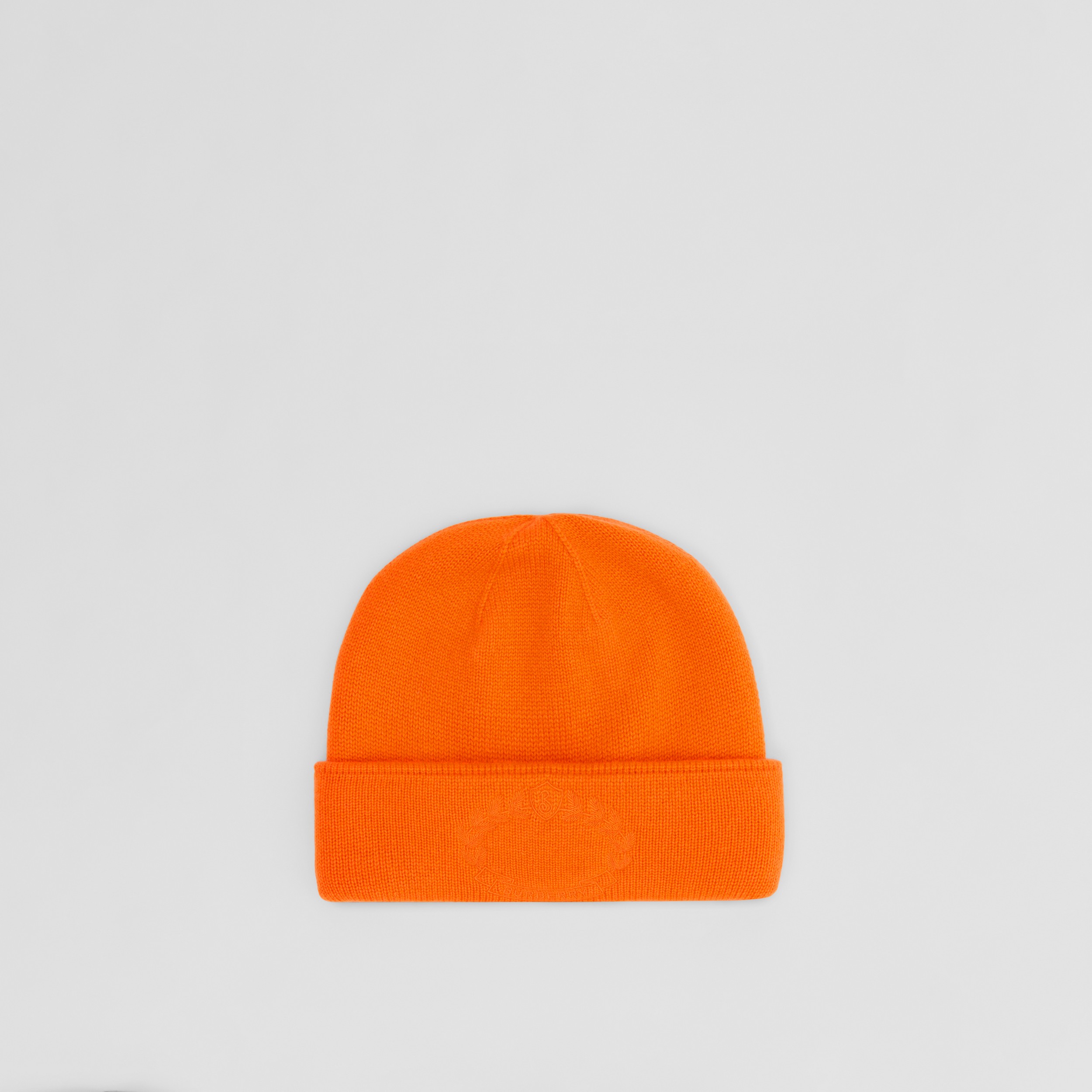 Embroidered Oak Leaf Crest Cashmere Beanie in Bright Orange | Burberry® Official - 1