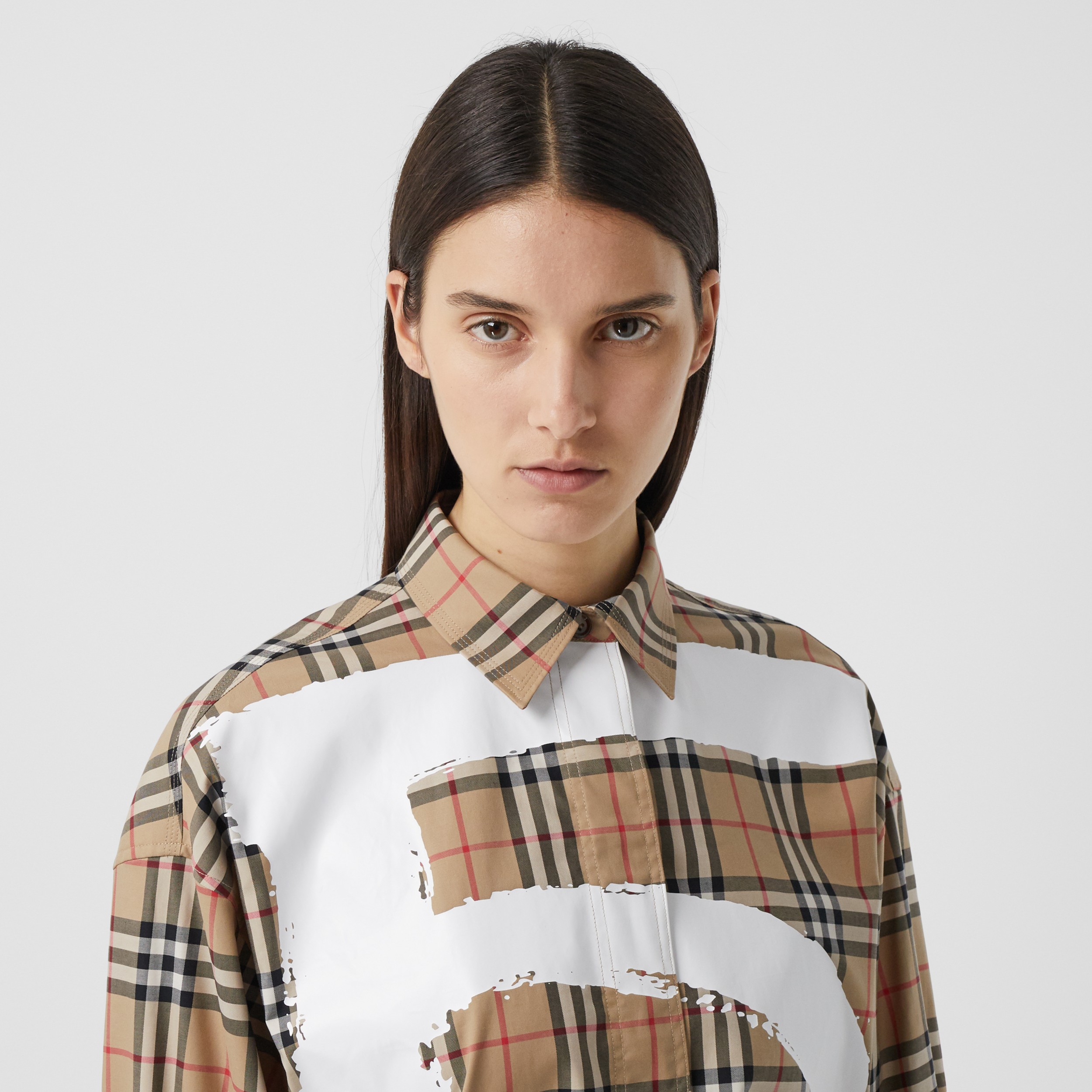 Love Print Vintage Check Cotton Oversized Shirt In Archive Beige Women Burberry United States 