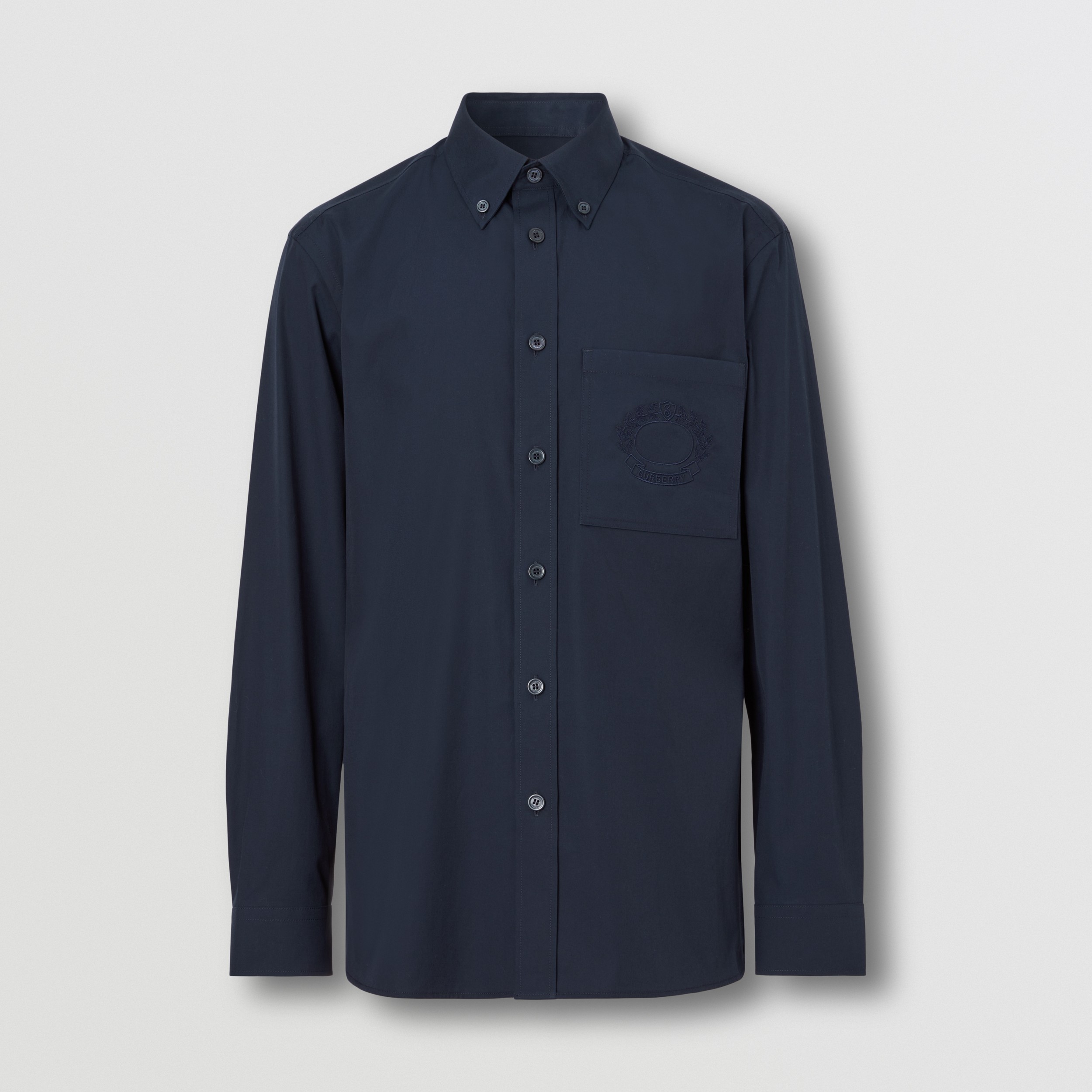 Embroidered Oak Leaf Crest Stretch Cotton Shirt in Dark Charcoal Blue - Men | Burberry® Official - 4