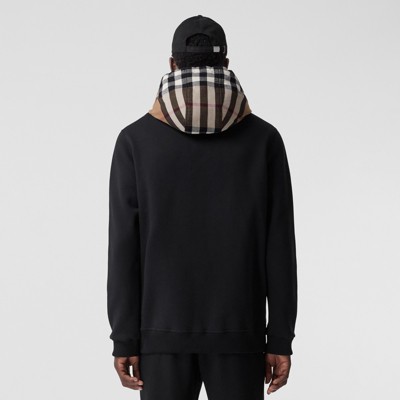 Check Hood Cotton Blend Hooded Top in Black - Men | Burberry® Official