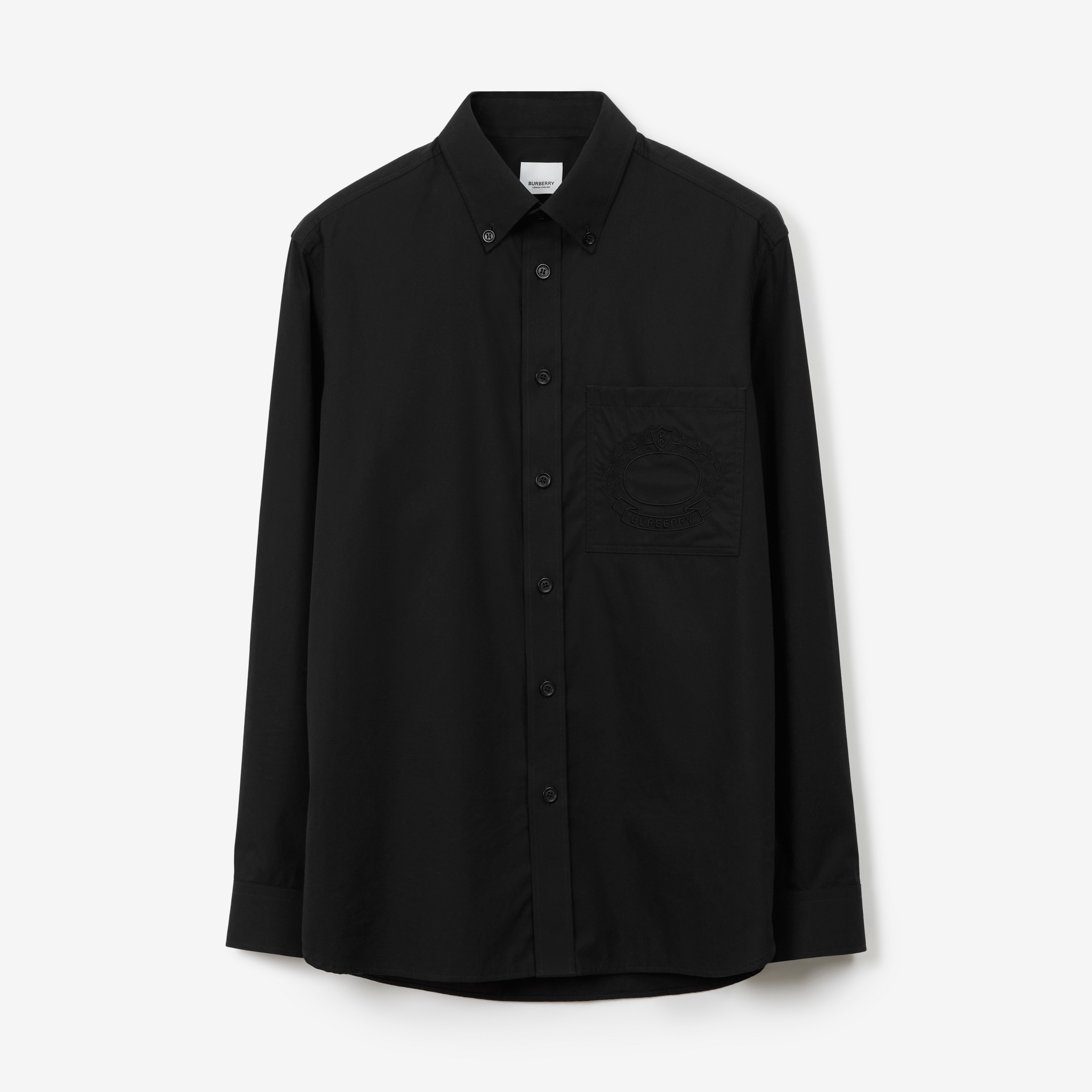 Embroidered Oak Leaf Crest Stretch Cotton Shirt in Black - Men | Burberry® Official - 1