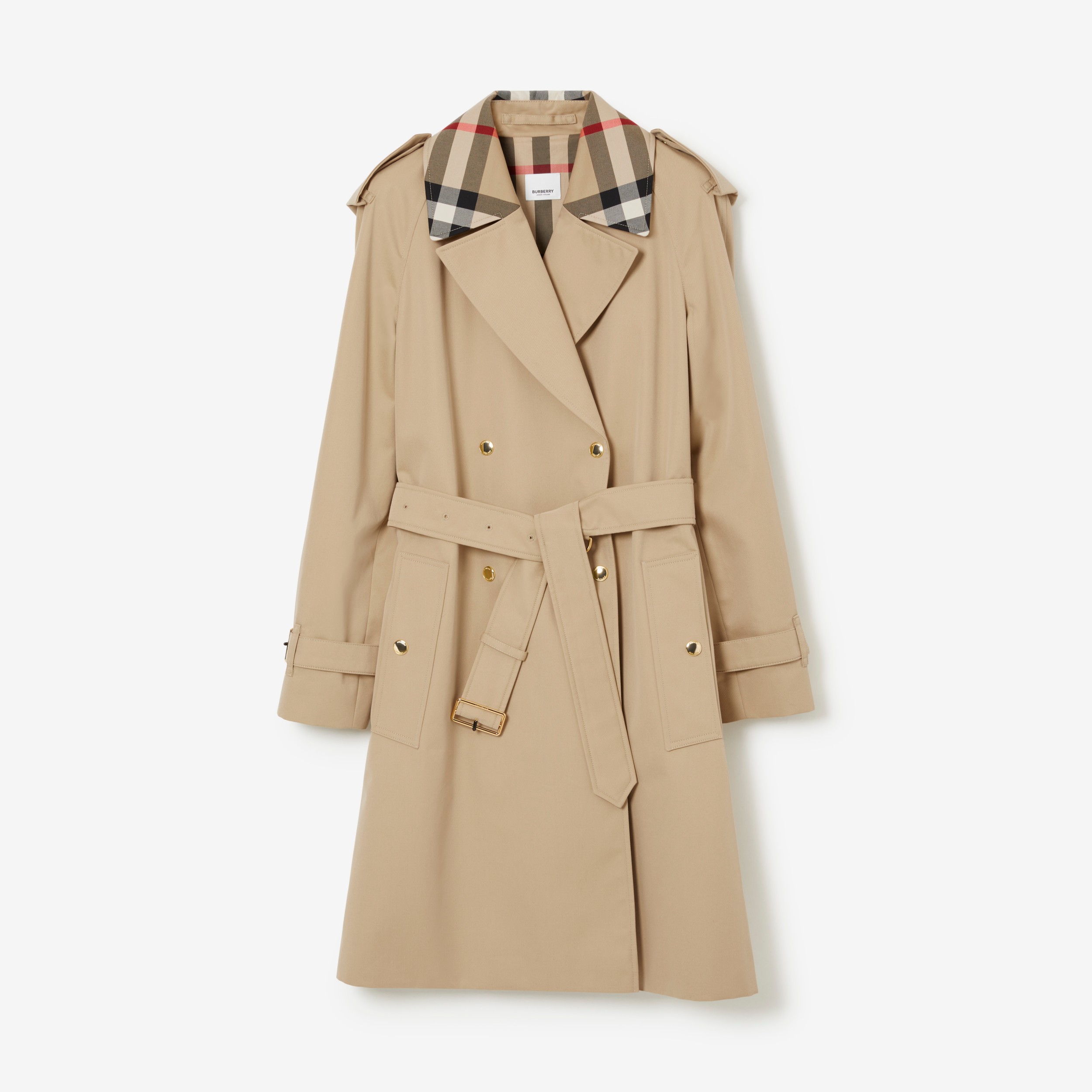 Trench coat Waterloo en algodón de gabardina con detalles a cuadros (Miel)  - Mujer | Burberry® oficial