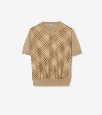 Check Panel Wool Silk T-shirt in Camel - Women | Burberry® Official