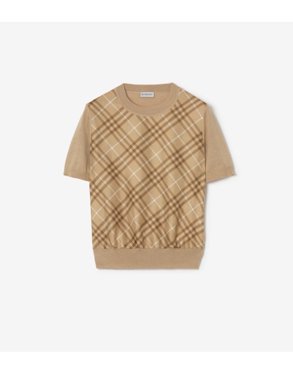 Check Panel Wool Silk T-shirt