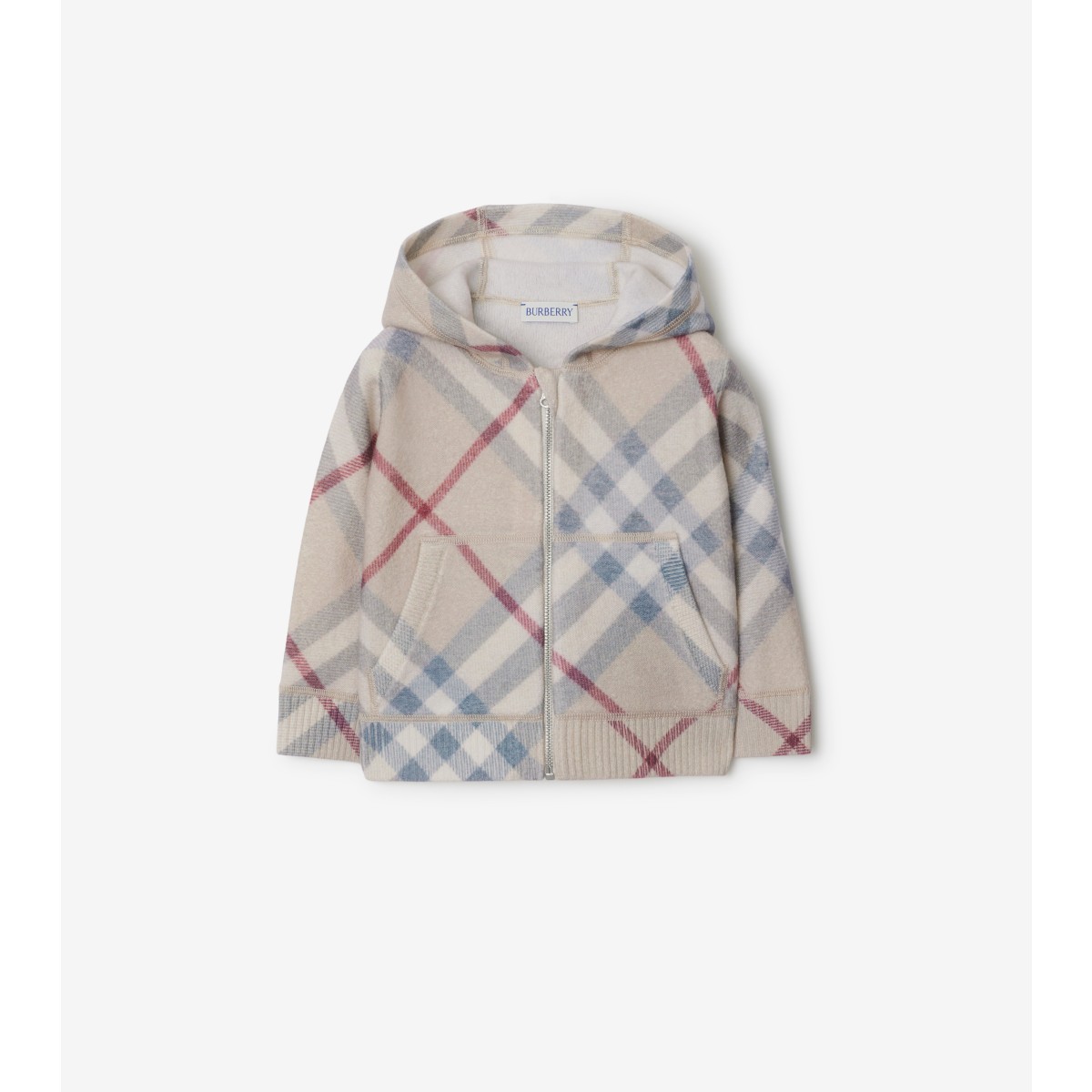 Burberry Childrens Check Wool Zip Hoodie In Pale Stone