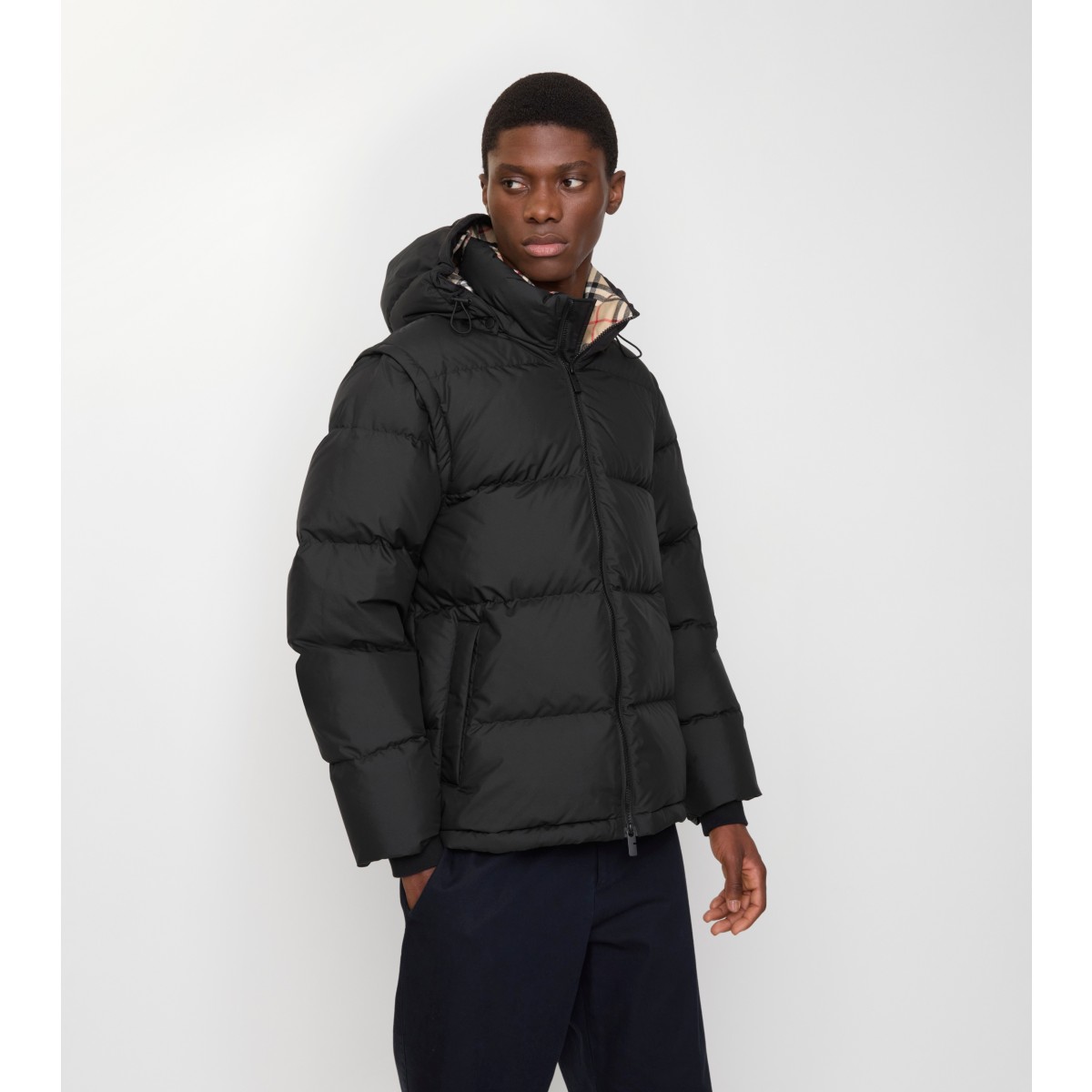  Check Detachable Sleeve Puffer Jacket
