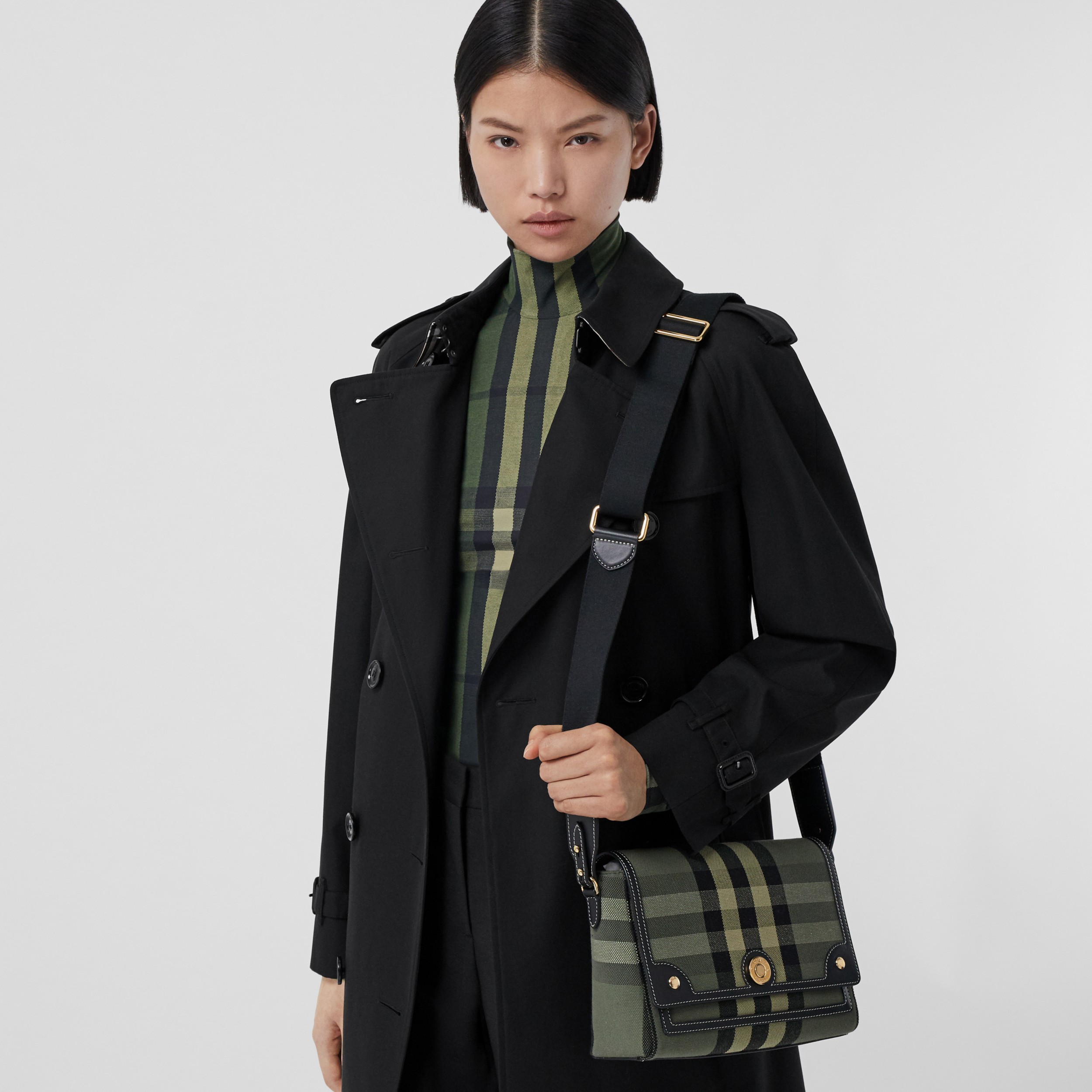 Check Canvas and Leather Note Crossbody Bag in Military Green Women Burberry United States